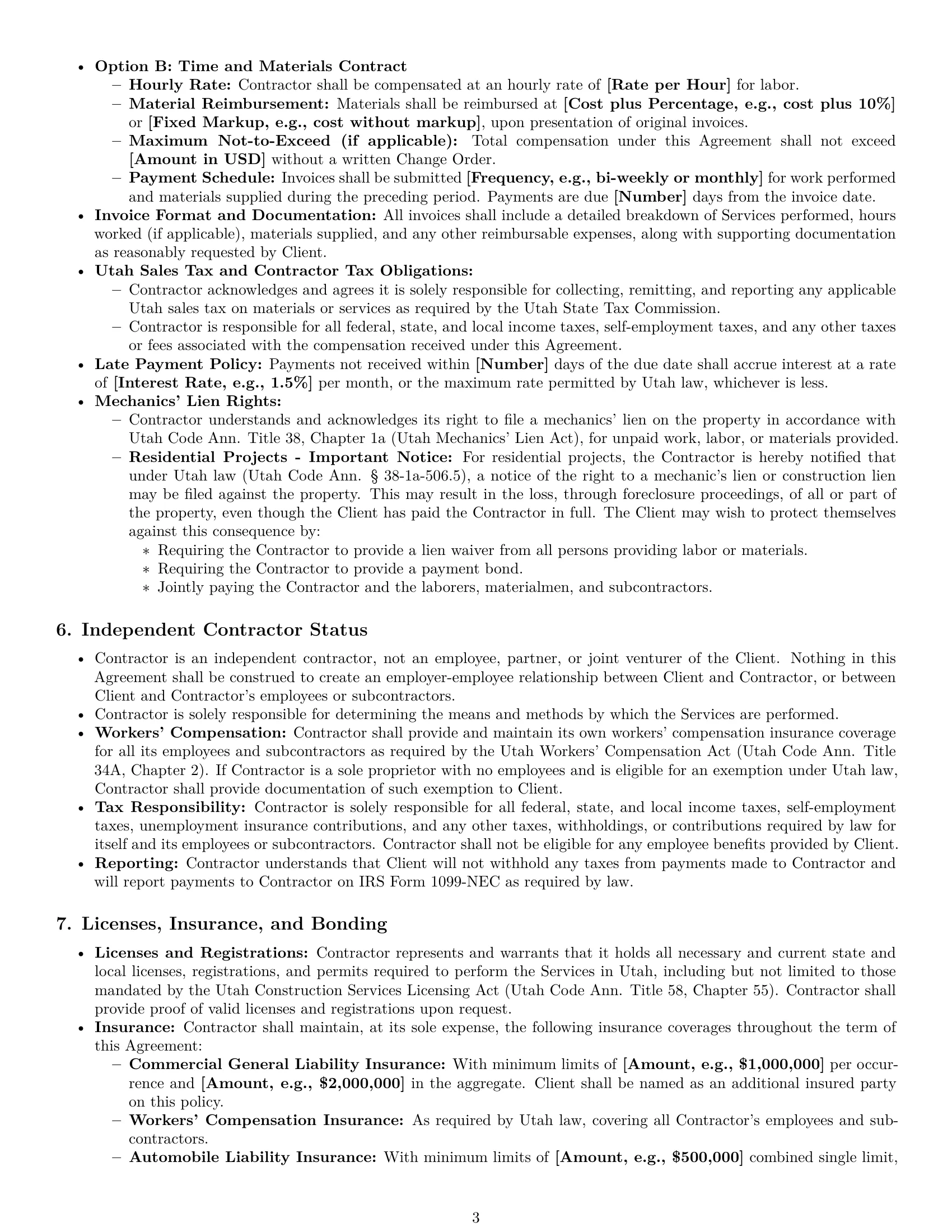 Preview page 3 of Pro Utah construction independent contractor agreement template