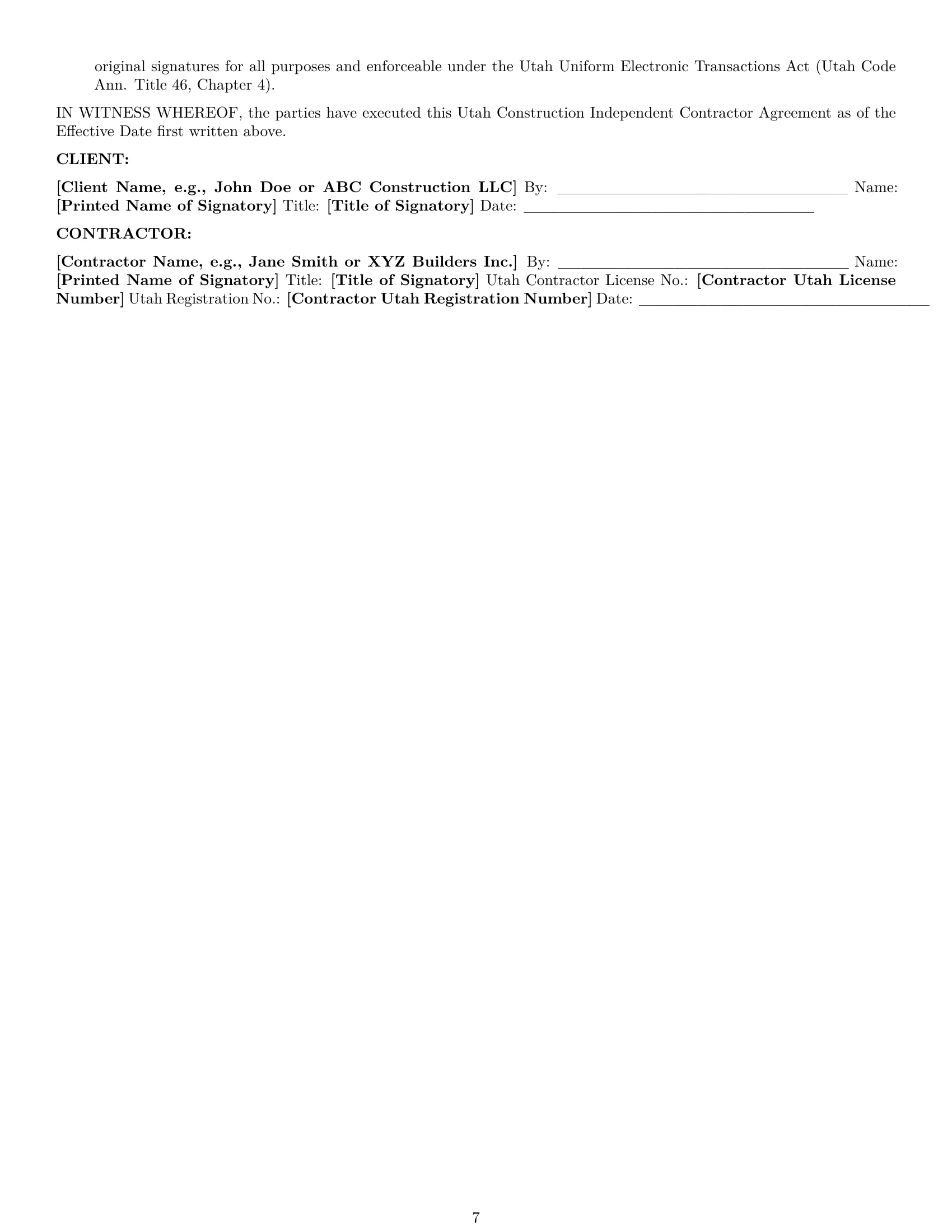 Preview page 7 of Pro Utah construction independent contractor agreement template