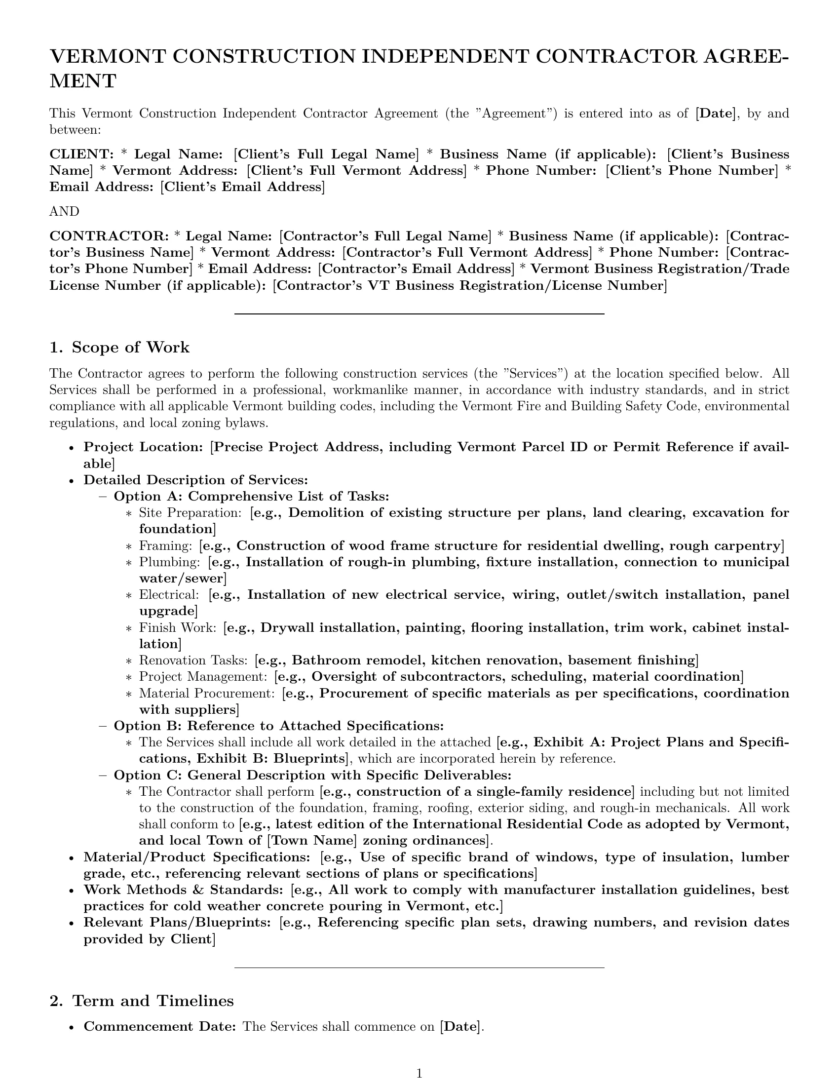 Preview page 1 of Pro Vermont construction independent contractor agreement template