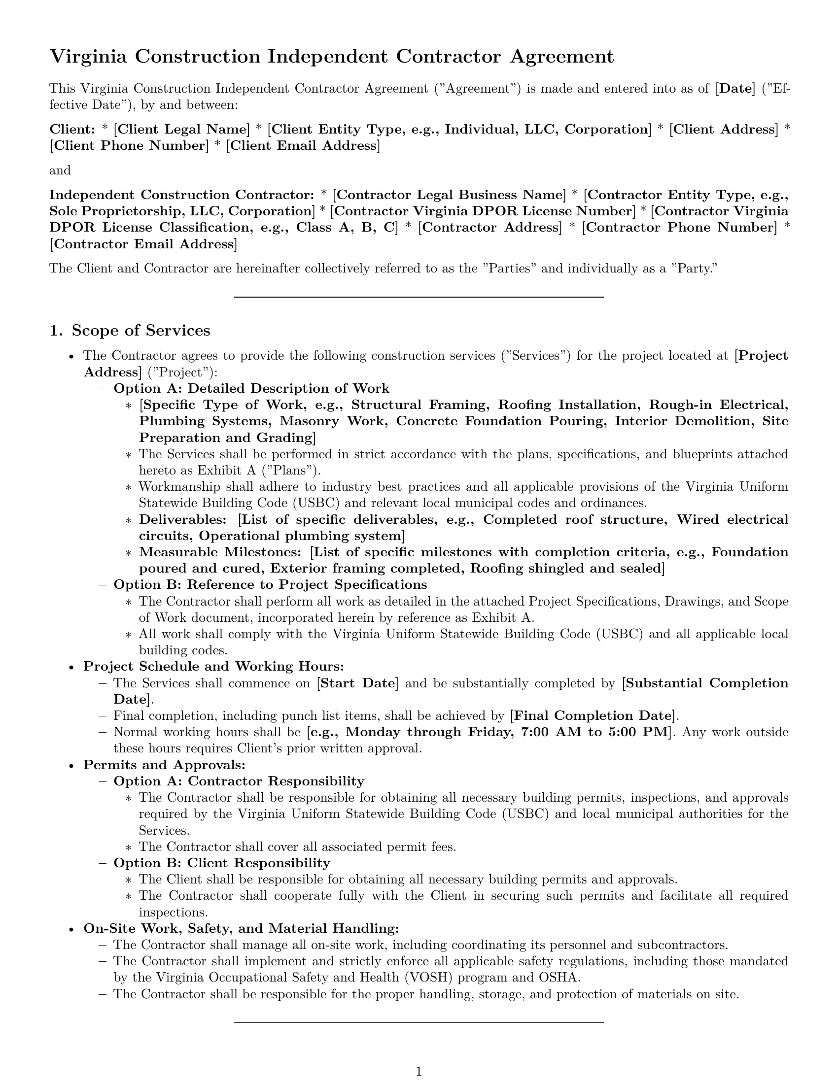 Preview page 1 of Pro Virginia construction independent contractor agreement template