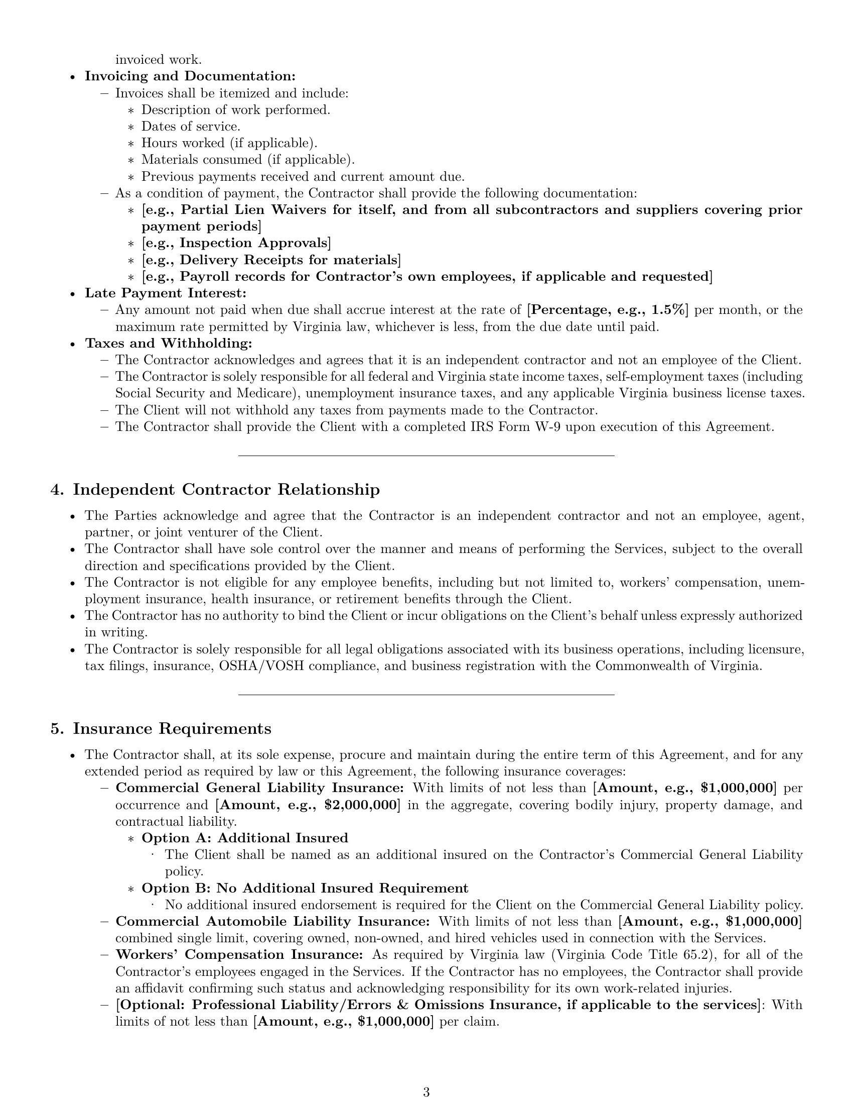 Preview page 3 of Pro Virginia construction independent contractor agreement template