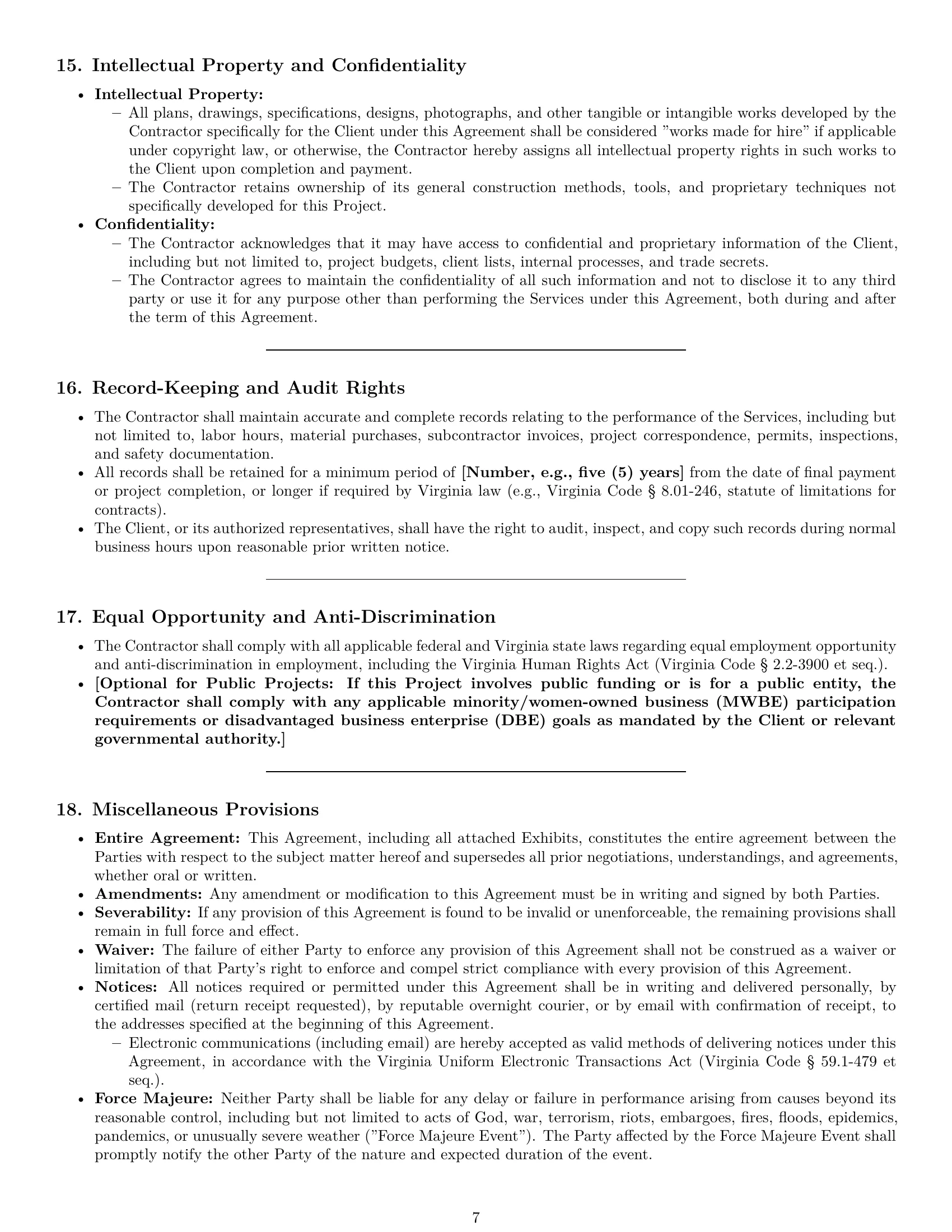 Preview page 7 of Pro Virginia construction independent contractor agreement template