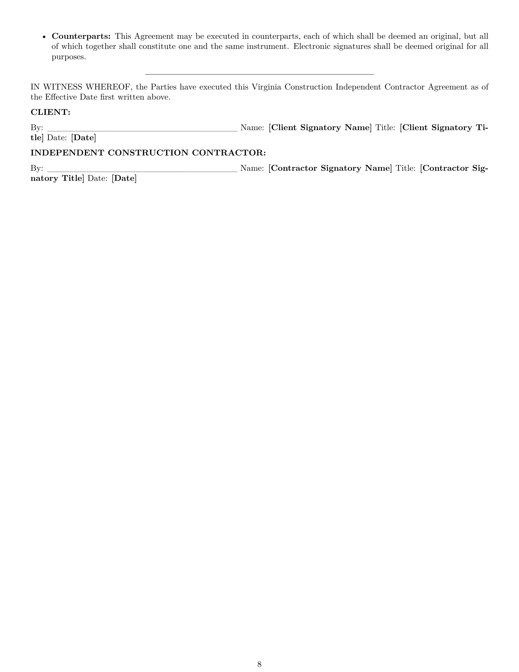 Preview page 8 of Pro Virginia construction independent contractor agreement template