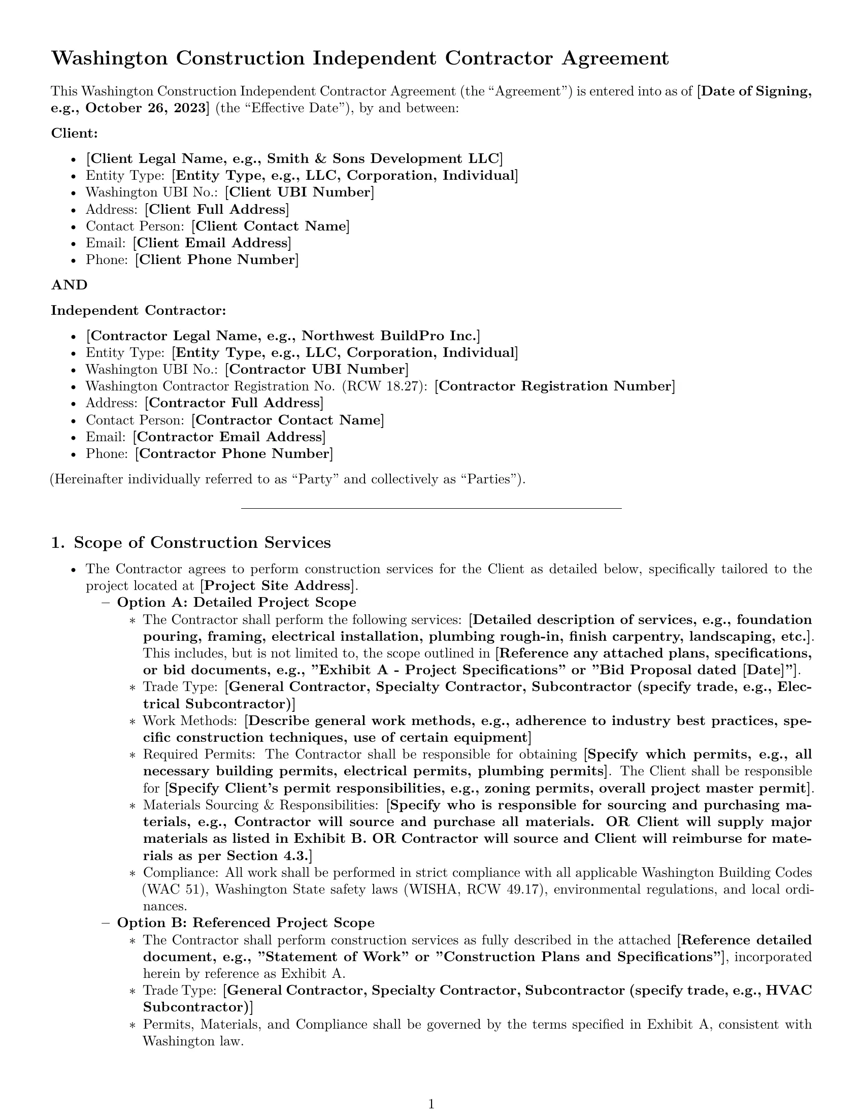 Preview page 1 of Pro Washington construction independent contractor agreement template