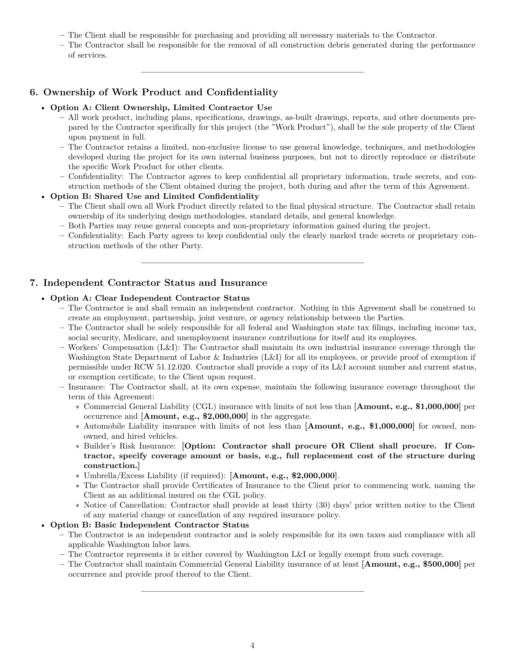 Preview page 4 of Pro Washington construction independent contractor agreement template