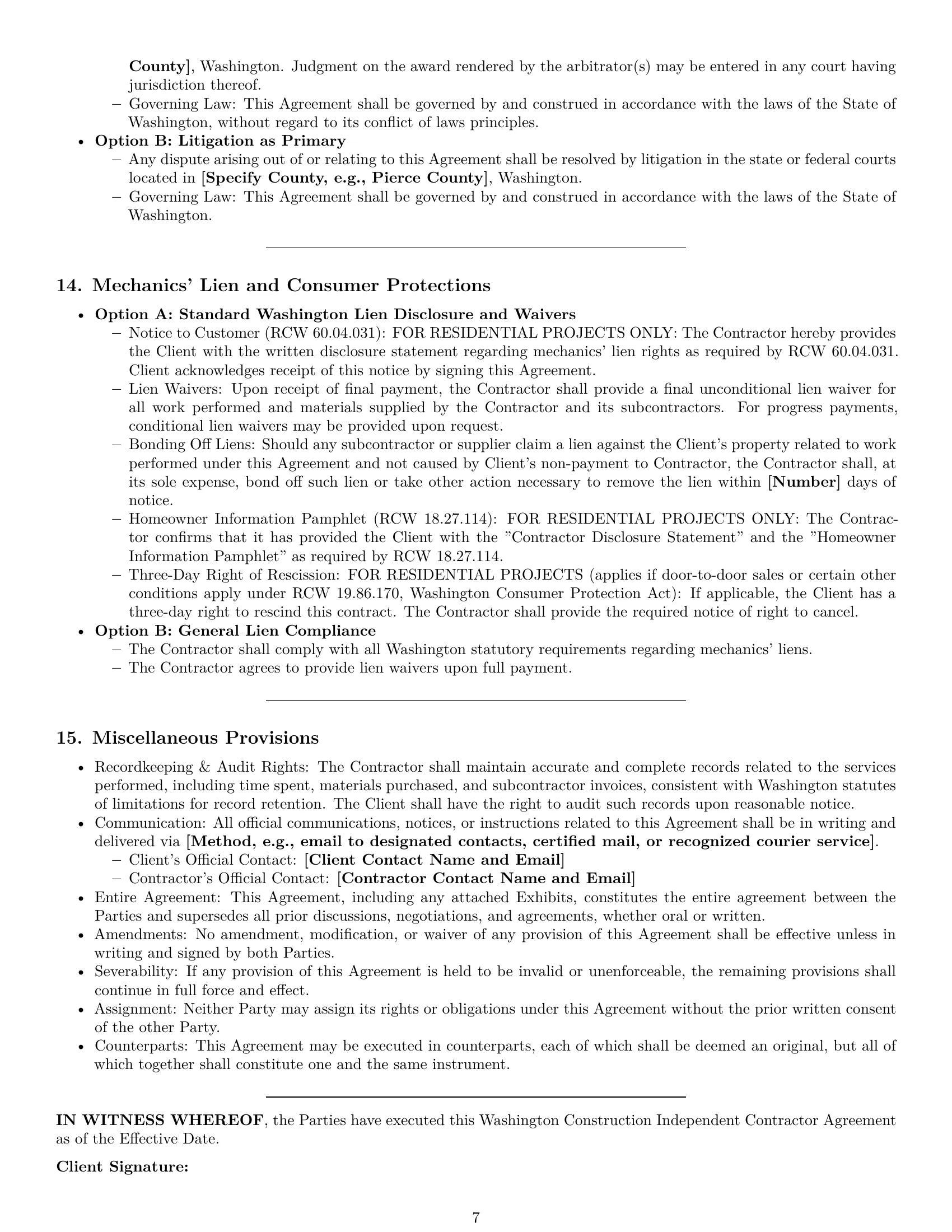 Preview page 7 of Pro Washington construction independent contractor agreement template