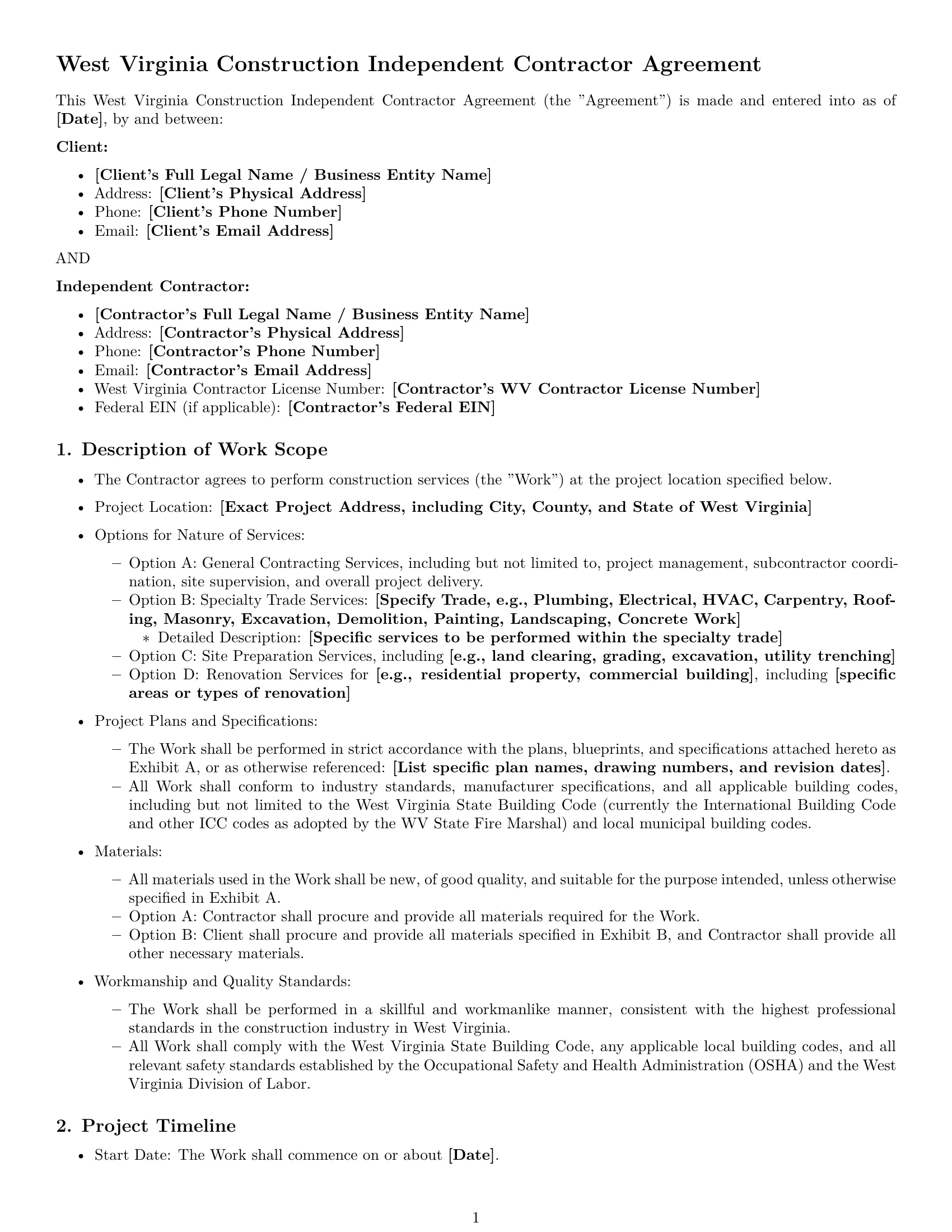 Preview page 1 of Pro West Virginia construction independent contractor agreement template