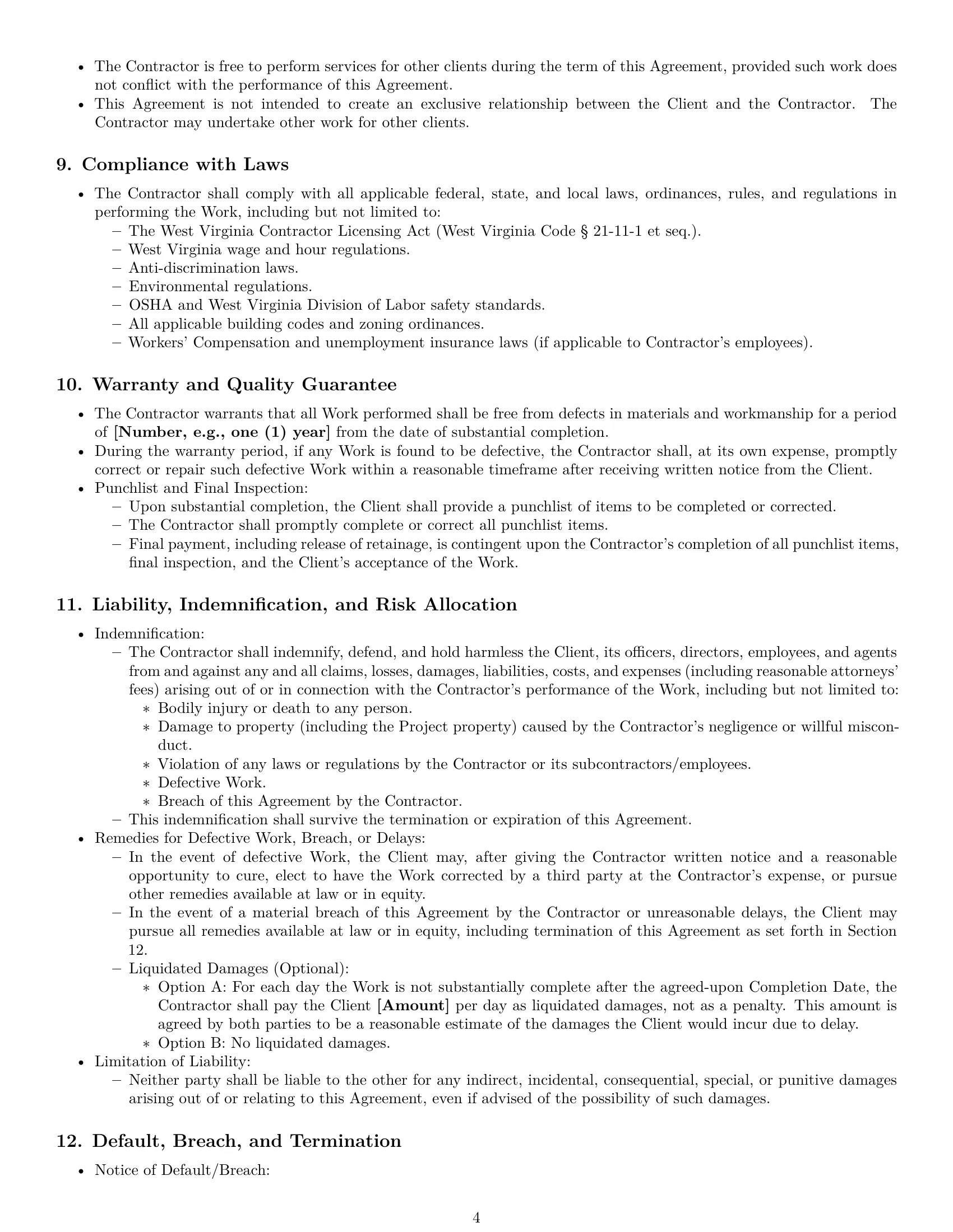 Preview page 4 of Pro West Virginia construction independent contractor agreement template