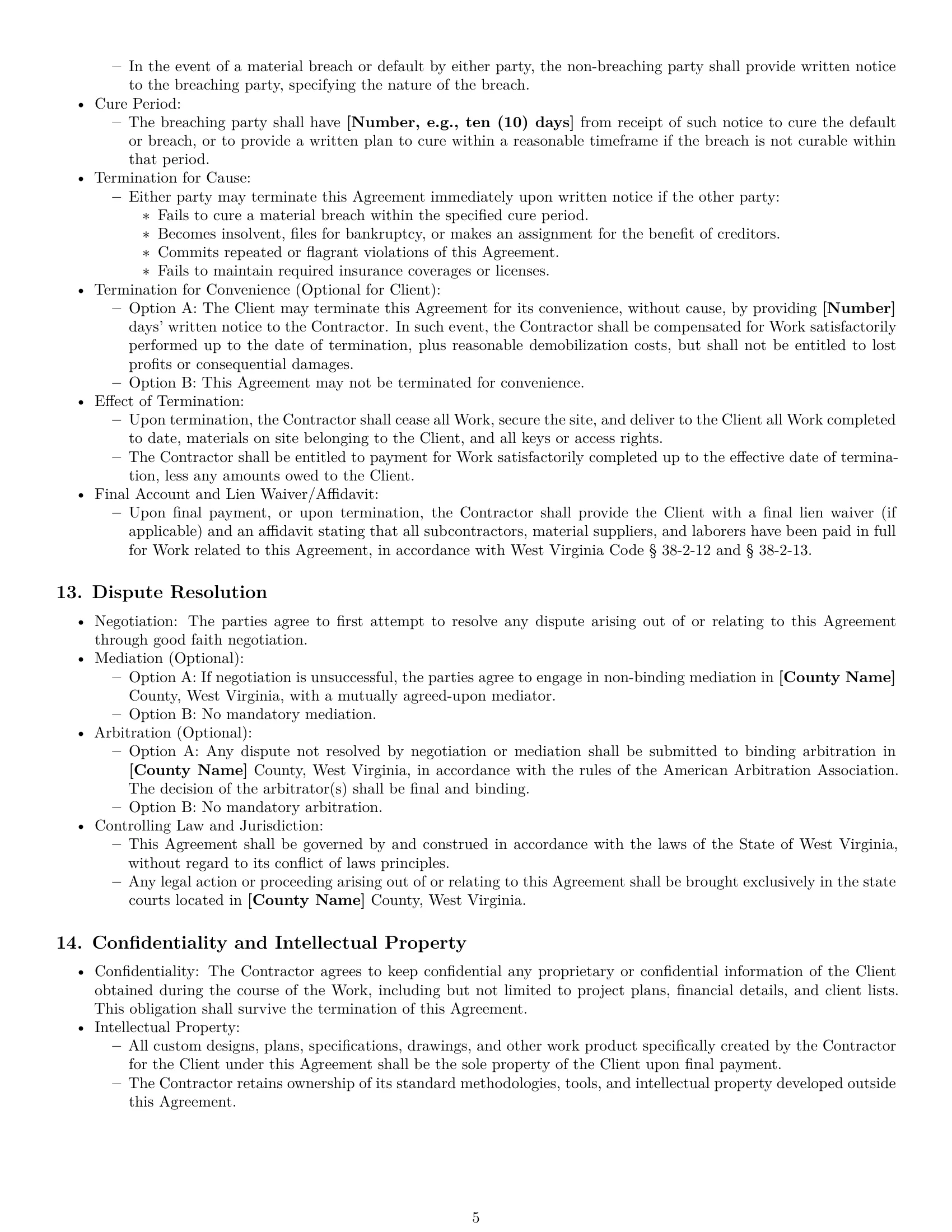 Preview page 5 of Pro West Virginia construction independent contractor agreement template