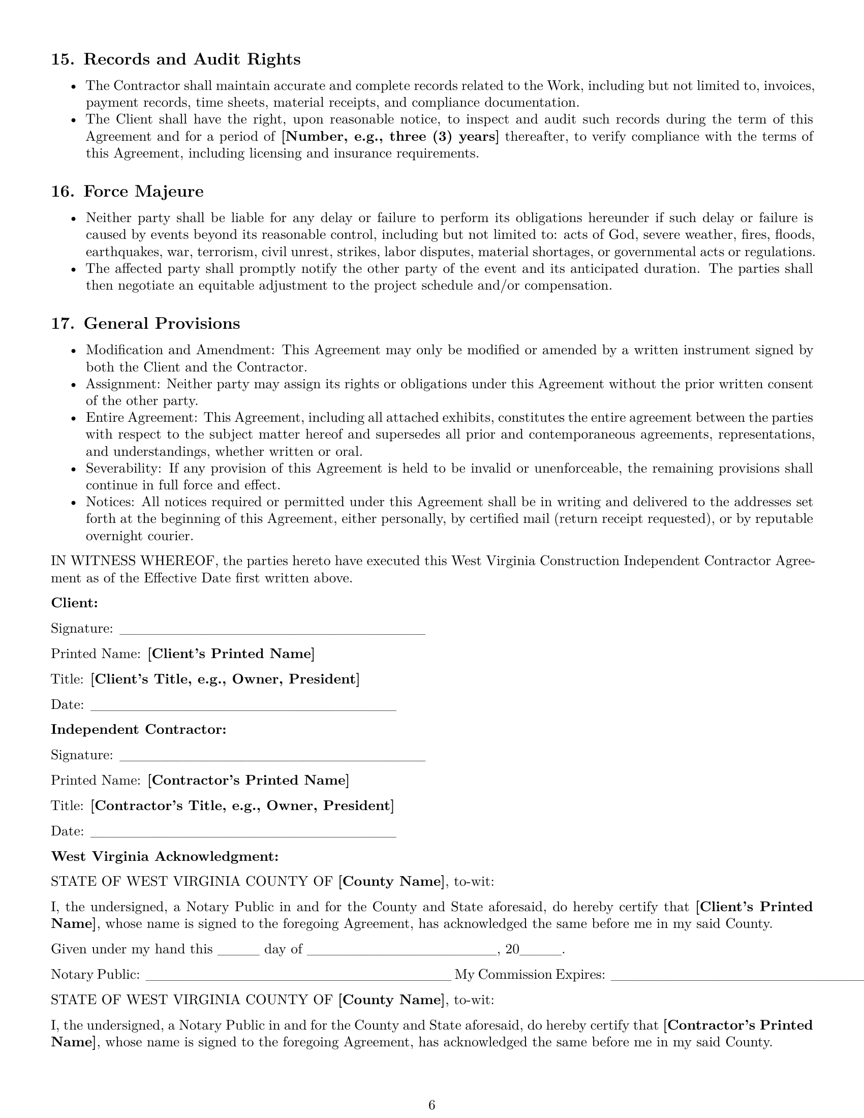 Preview page 6 of Pro West Virginia construction independent contractor agreement template