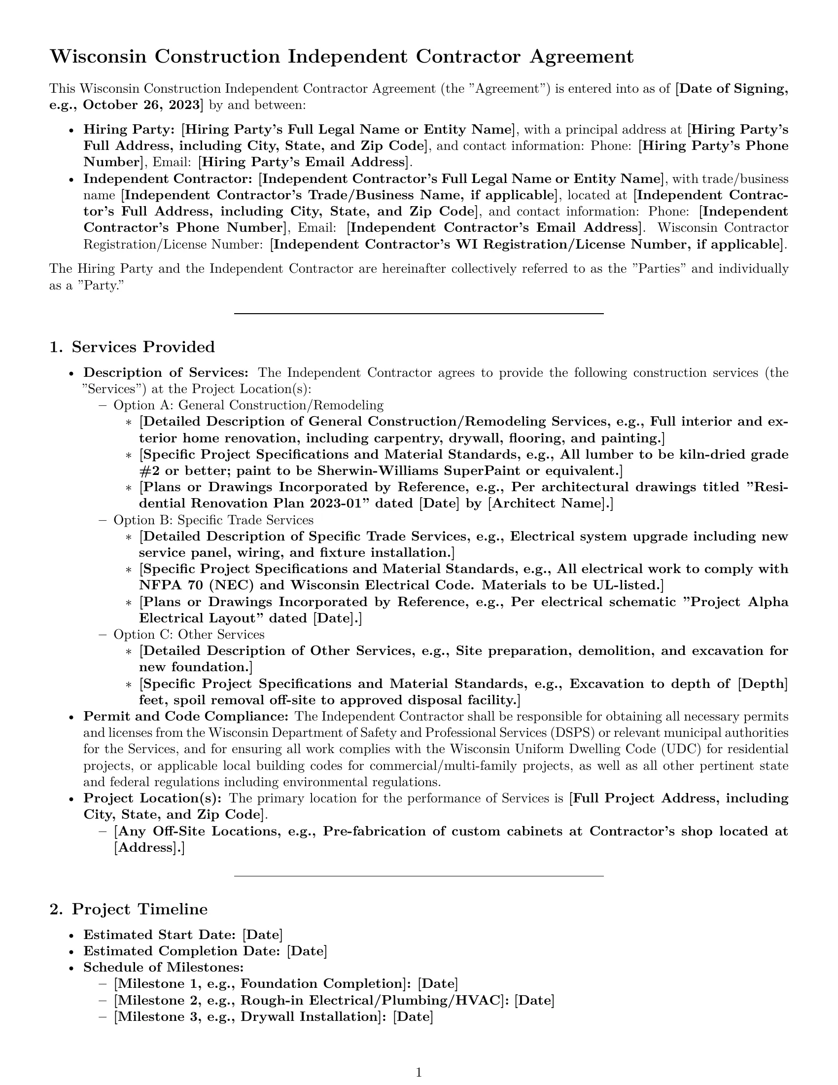 Preview page 1 of Pro Wisconsin construction independent contractor agreement template