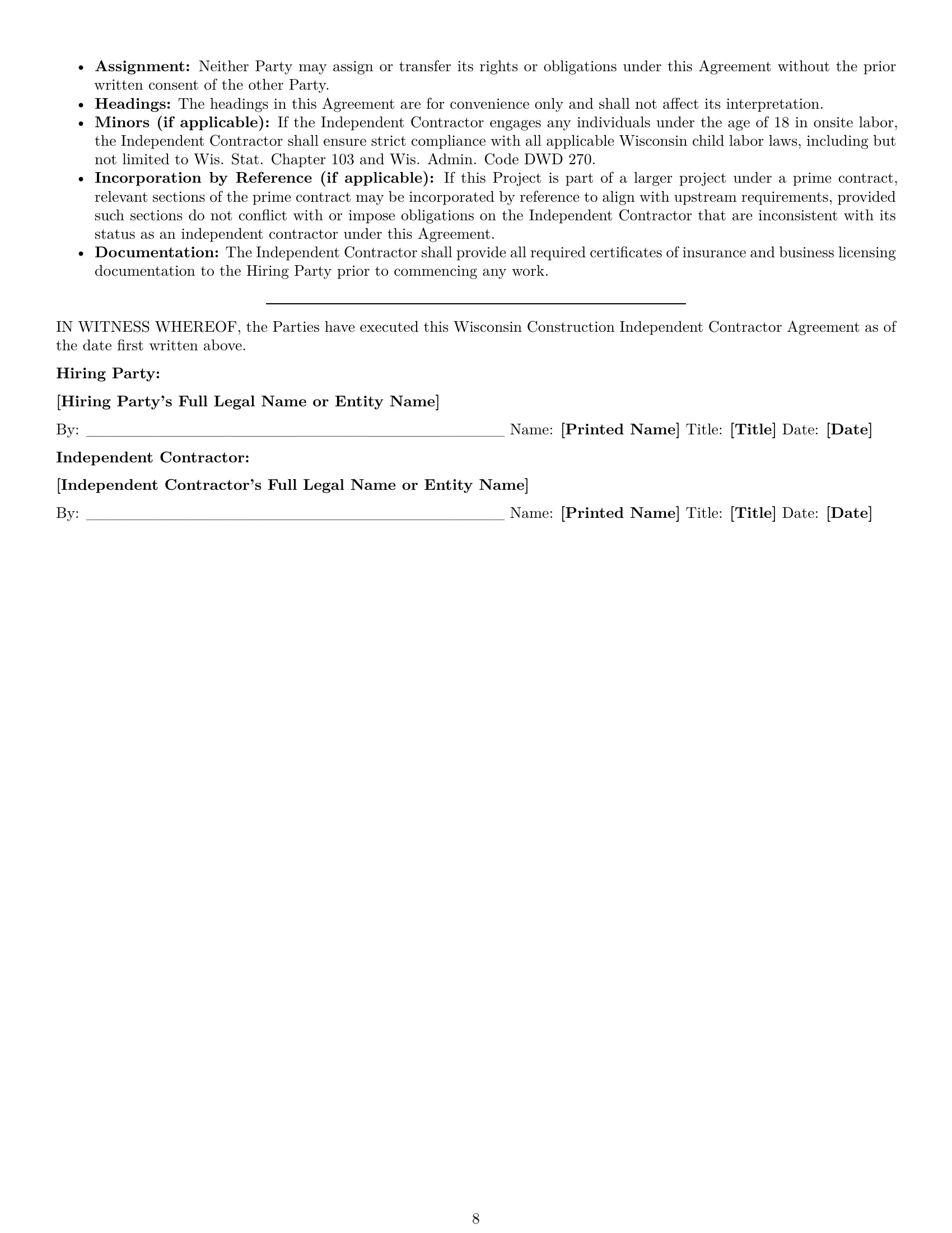 Preview page 8 of Pro Wisconsin construction independent contractor agreement template