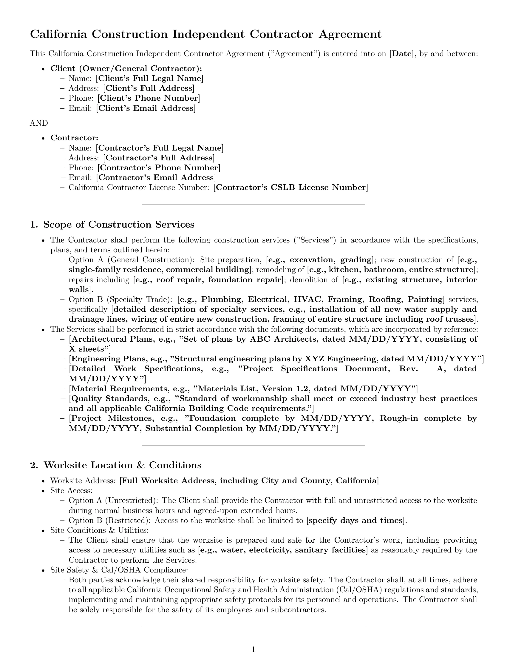 Preview page 1 of Pro California construction independent contractor agreement template