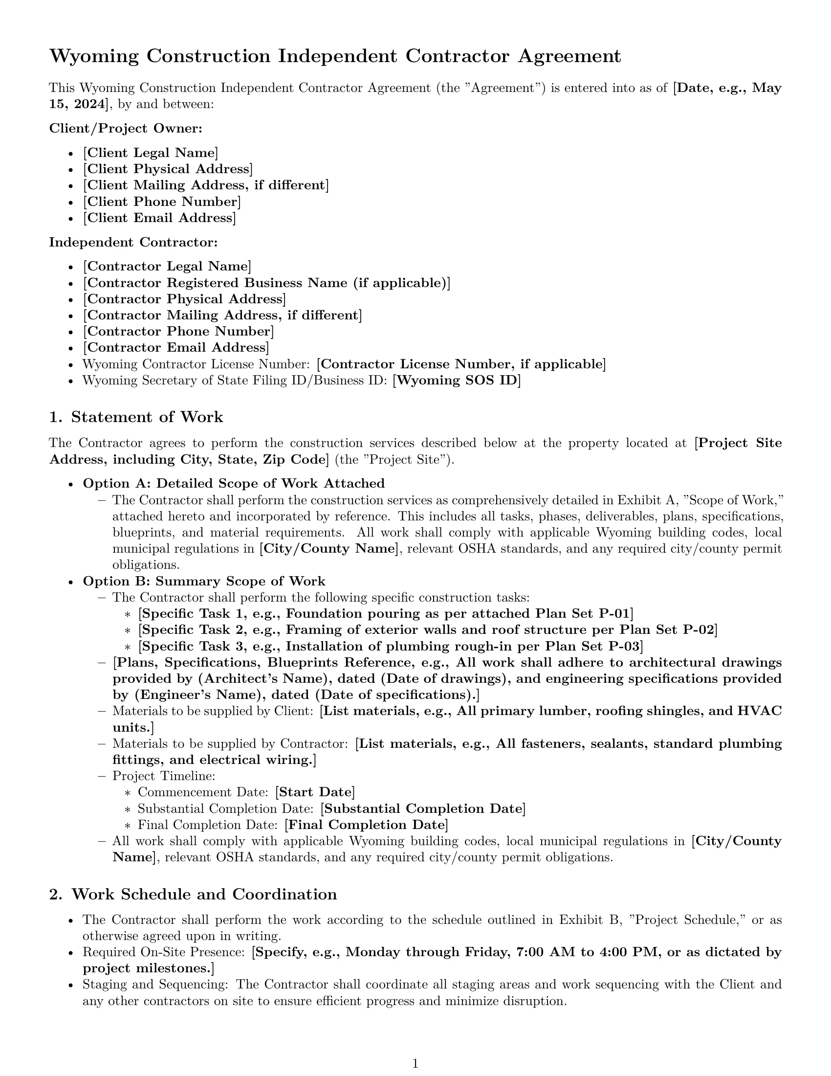 Preview page 1 of Pro Wyoming construction independent contractor agreement template