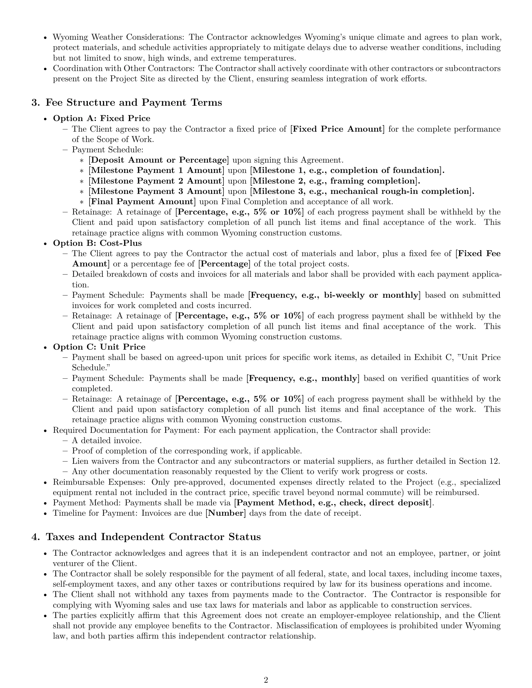 Preview page 2 of Pro Wyoming construction independent contractor agreement template