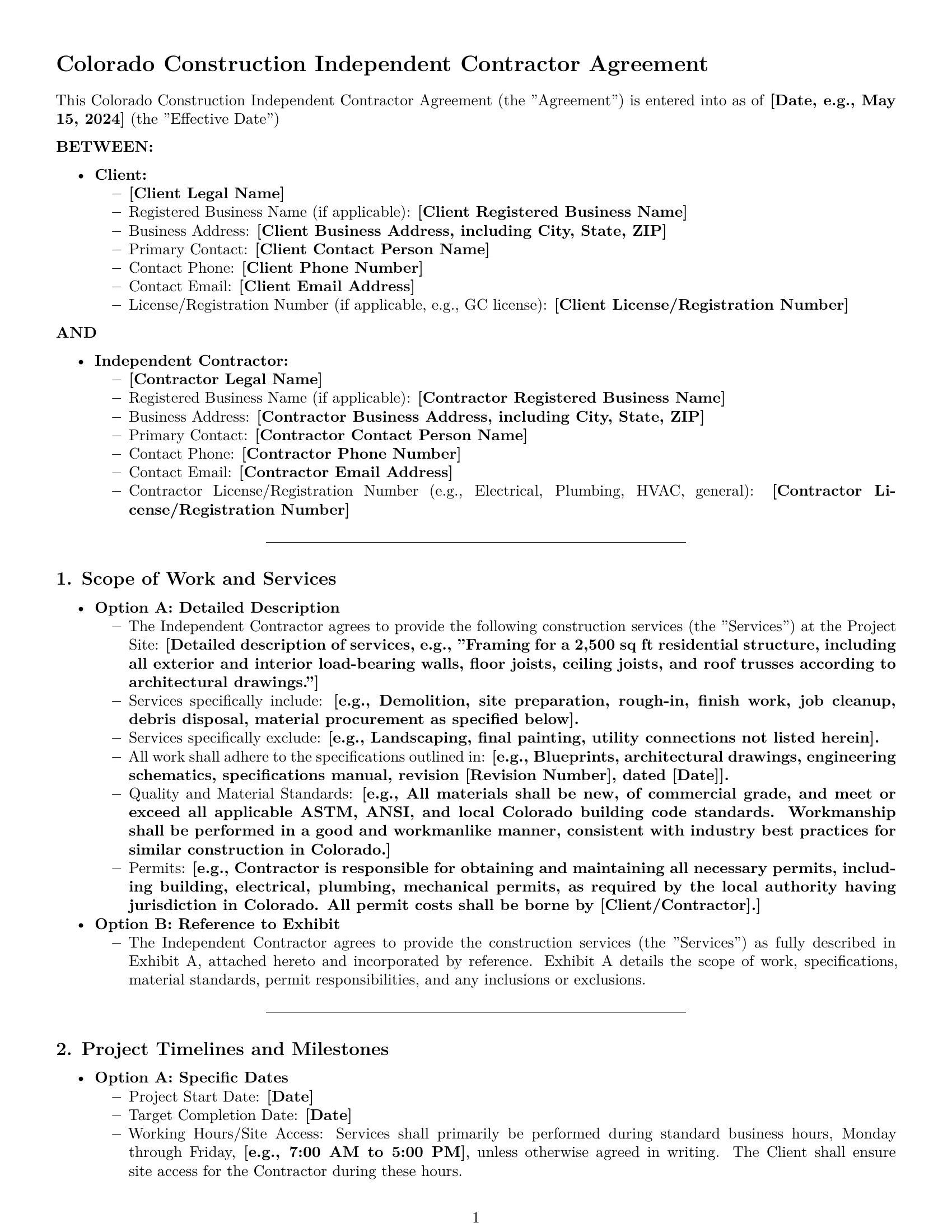Preview page 1 of Pro Colorado construction independent contractor agreement template