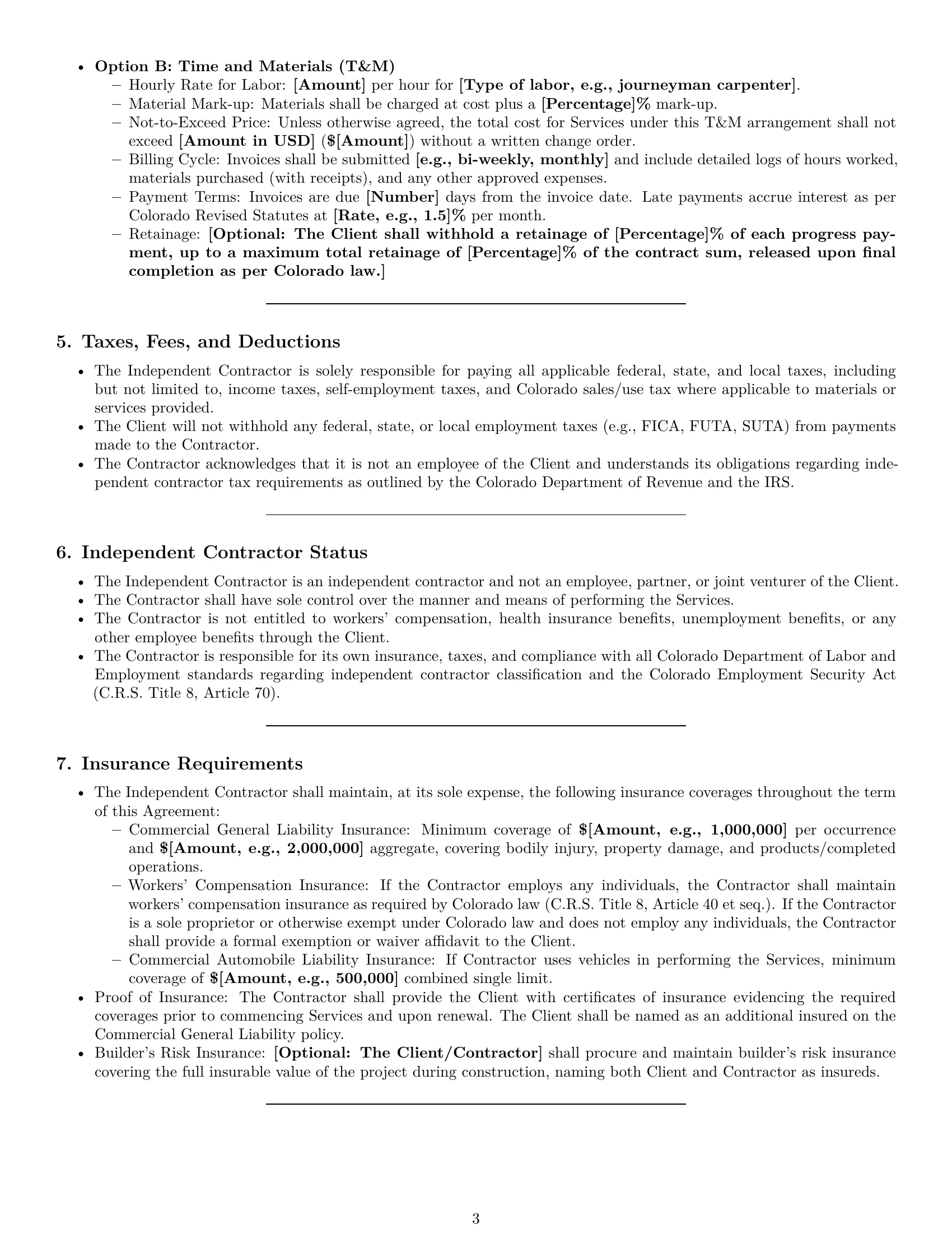 Preview page 3 of Pro Colorado construction independent contractor agreement template