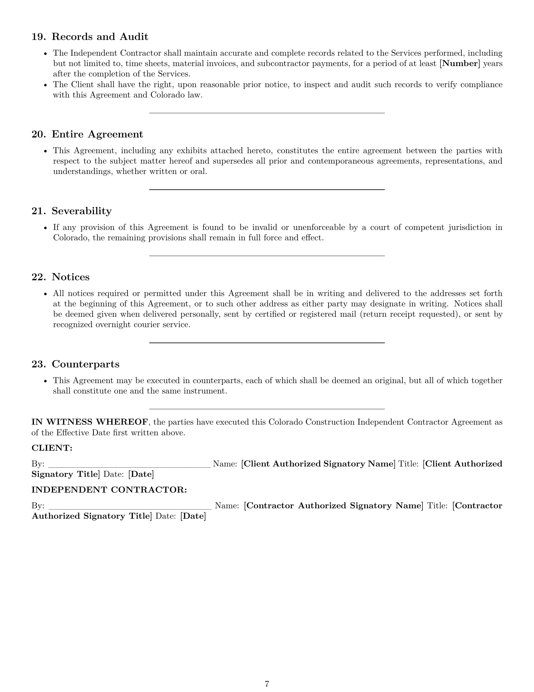 Preview page 7 of Pro Colorado construction independent contractor agreement template