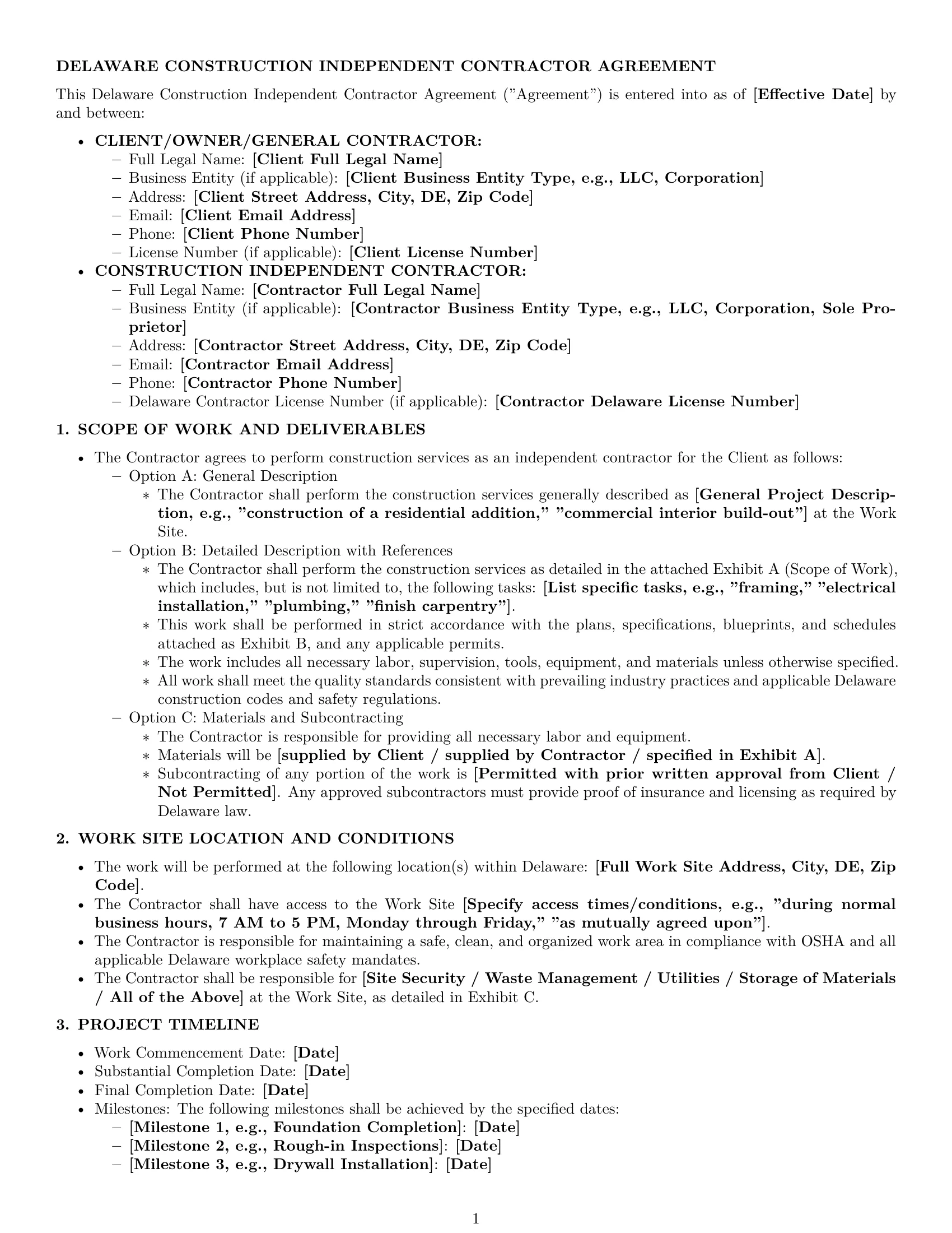 Preview page 1 of Pro Delaware construction independent contractor agreement template