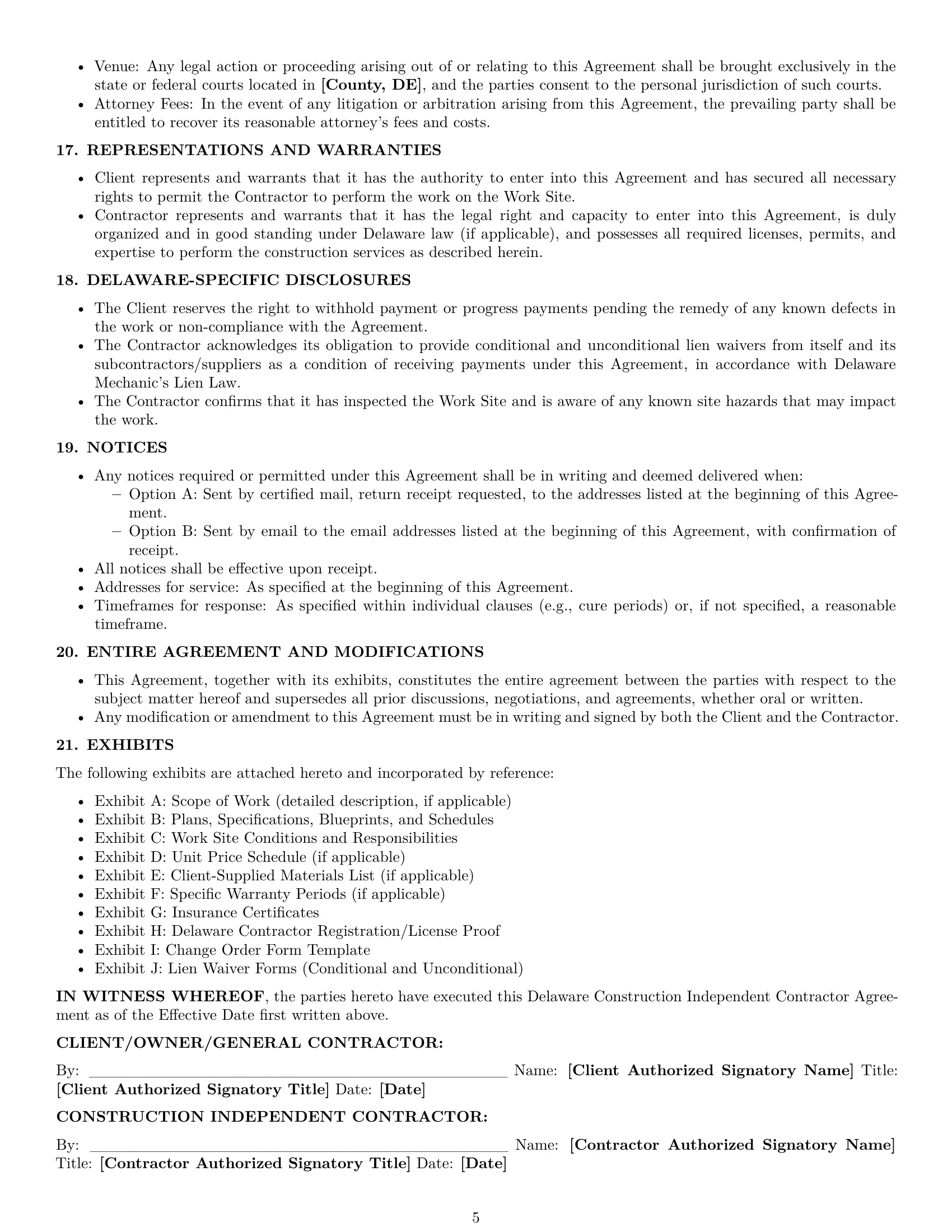 Preview page 5 of Pro Delaware construction independent contractor agreement template
