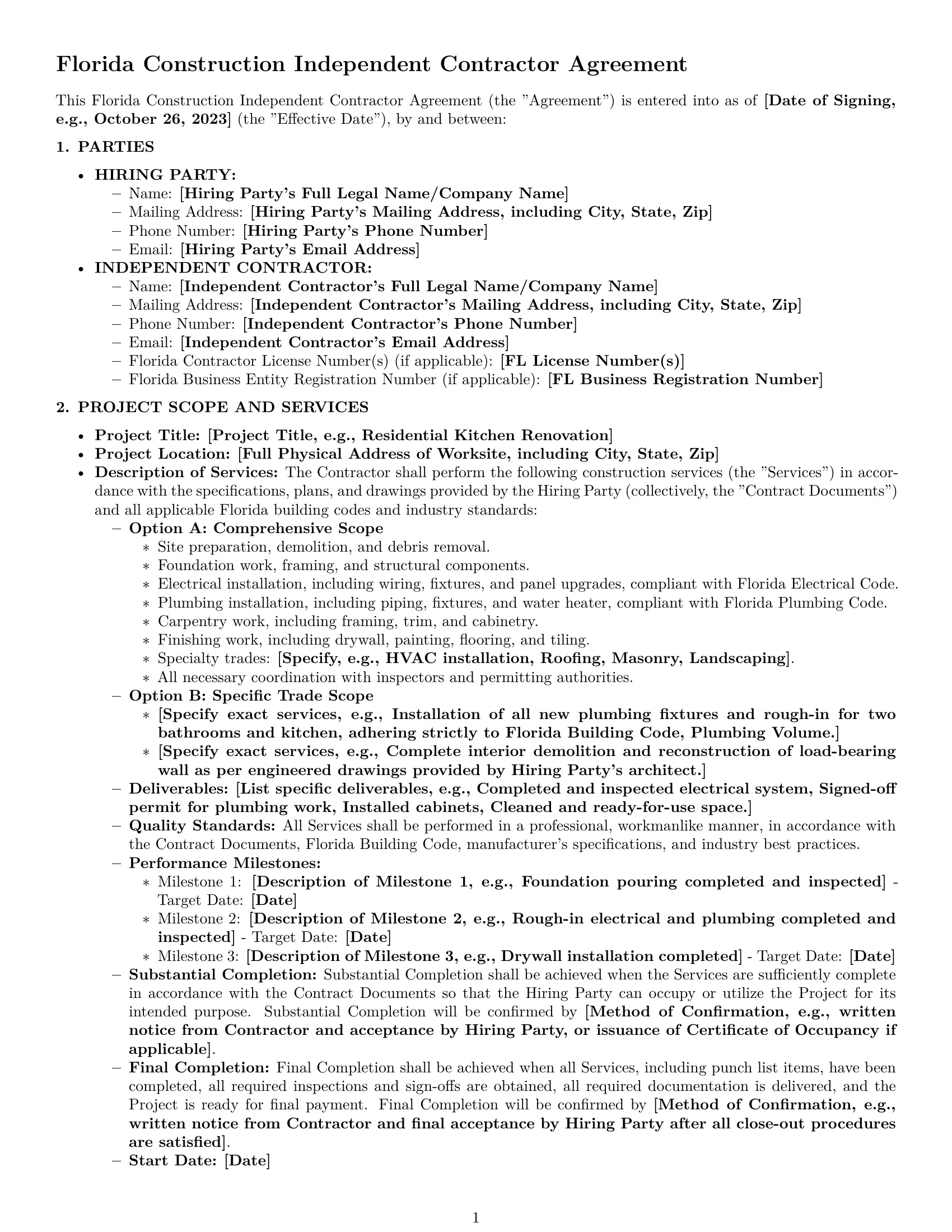 Preview page 1 of Pro Florida construction independent contractor agreement template