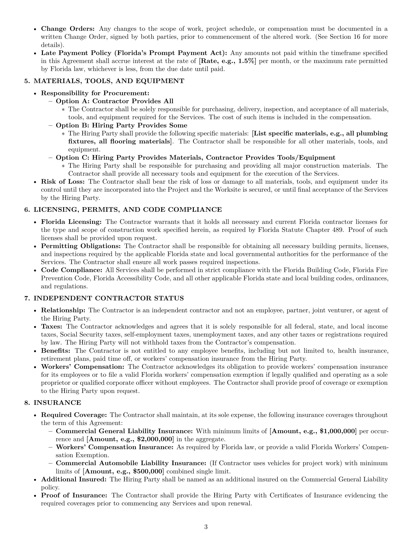 Preview page 3 of Pro Florida construction independent contractor agreement template