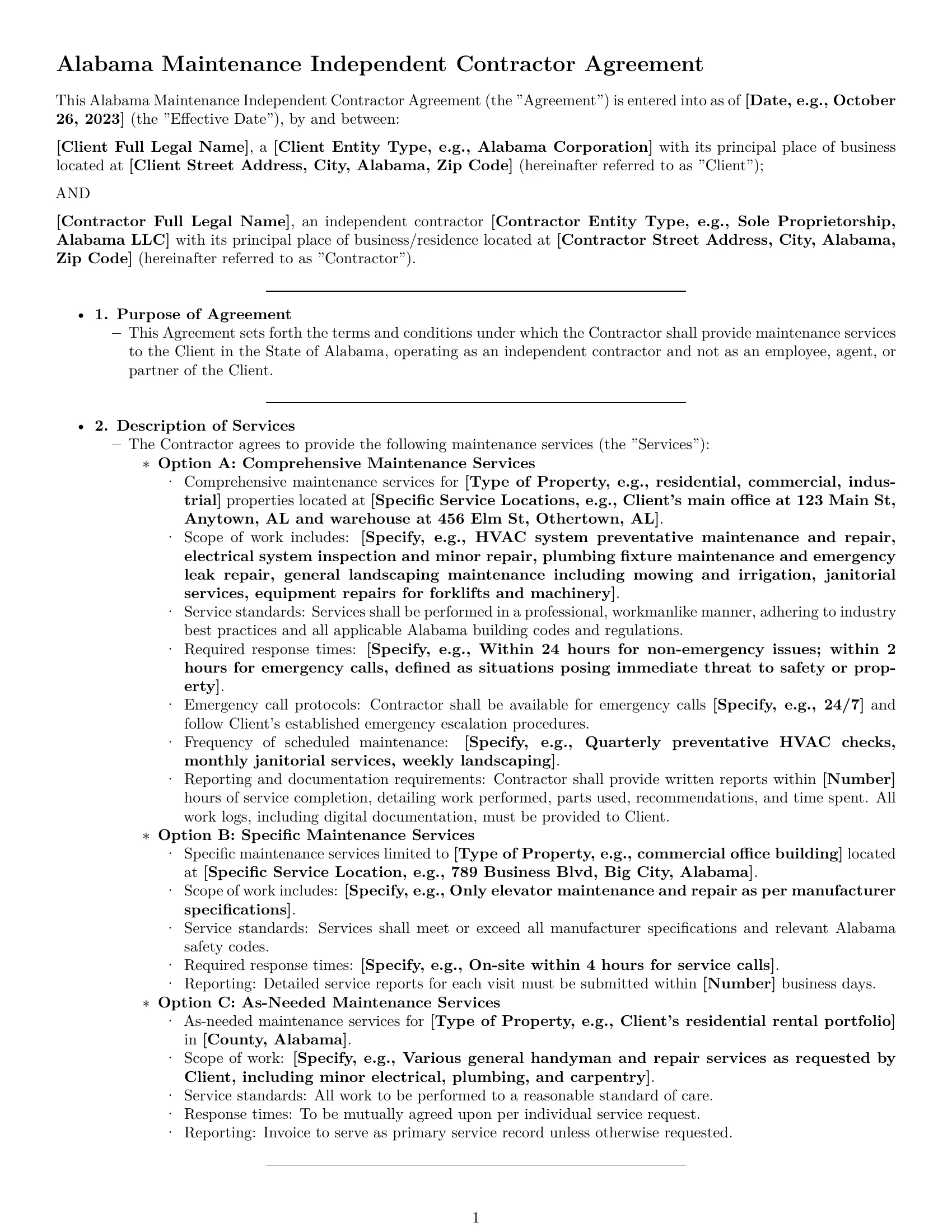 Preview page 1 of Pro Alabama maintenance independent contractor agreement template