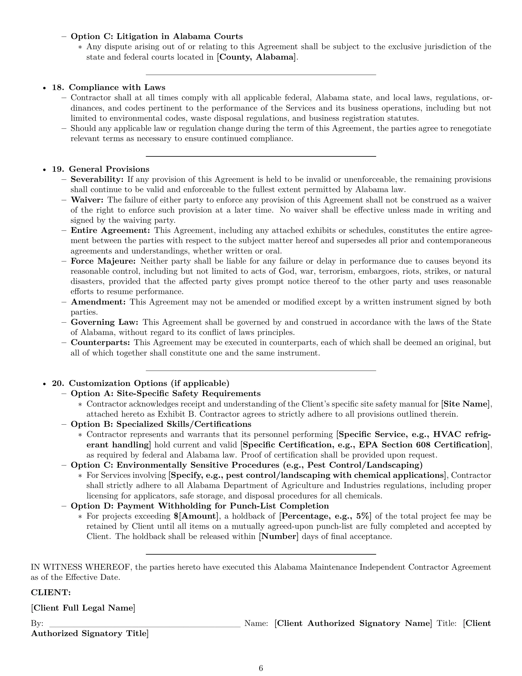 Preview page 6 of Pro Alabama maintenance independent contractor agreement template