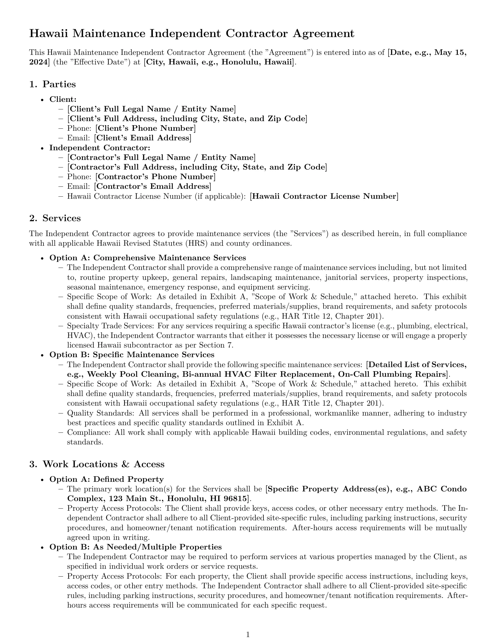 Preview page 1 of Pro Hawaii maintenance independent contractor agreement template