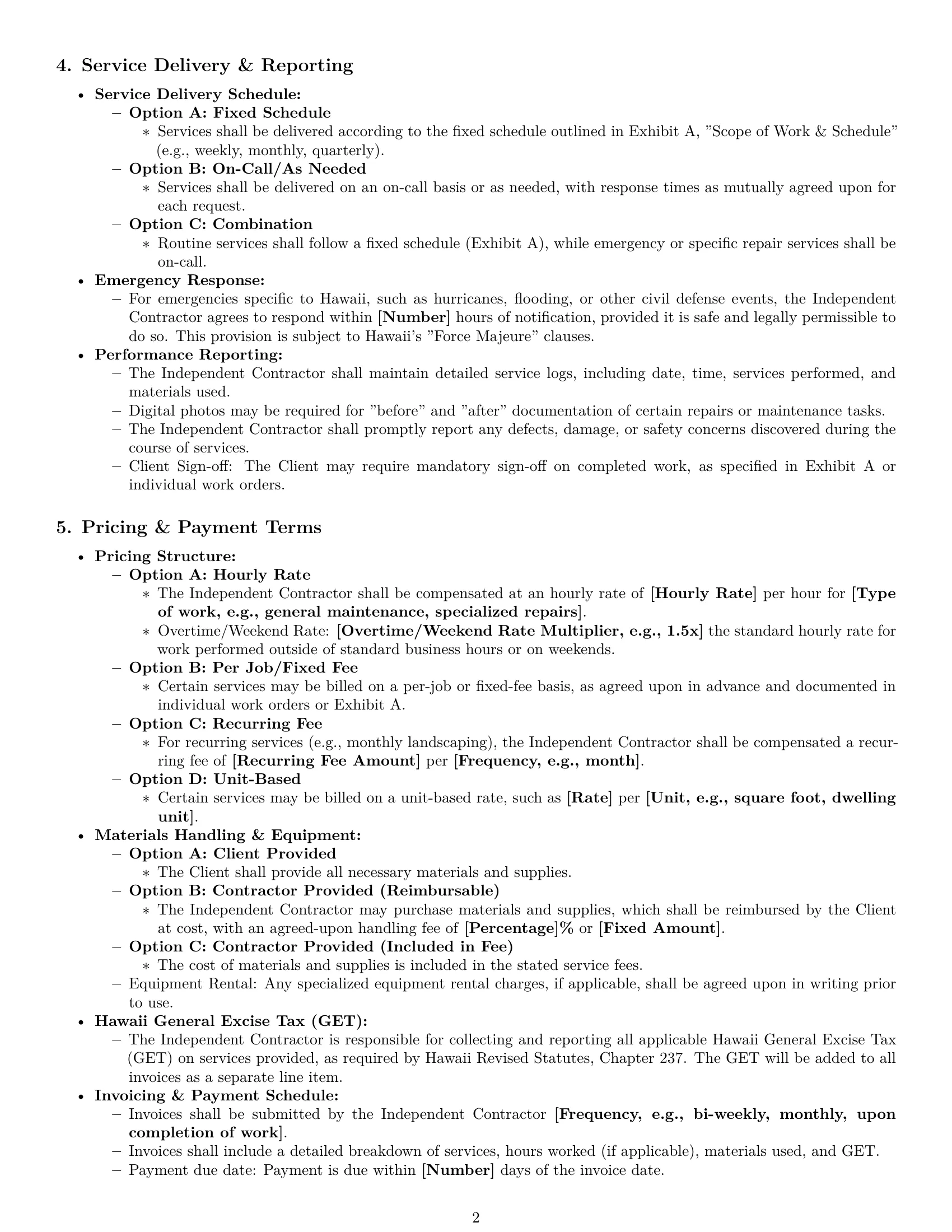 Preview page 2 of Pro Hawaii maintenance independent contractor agreement template