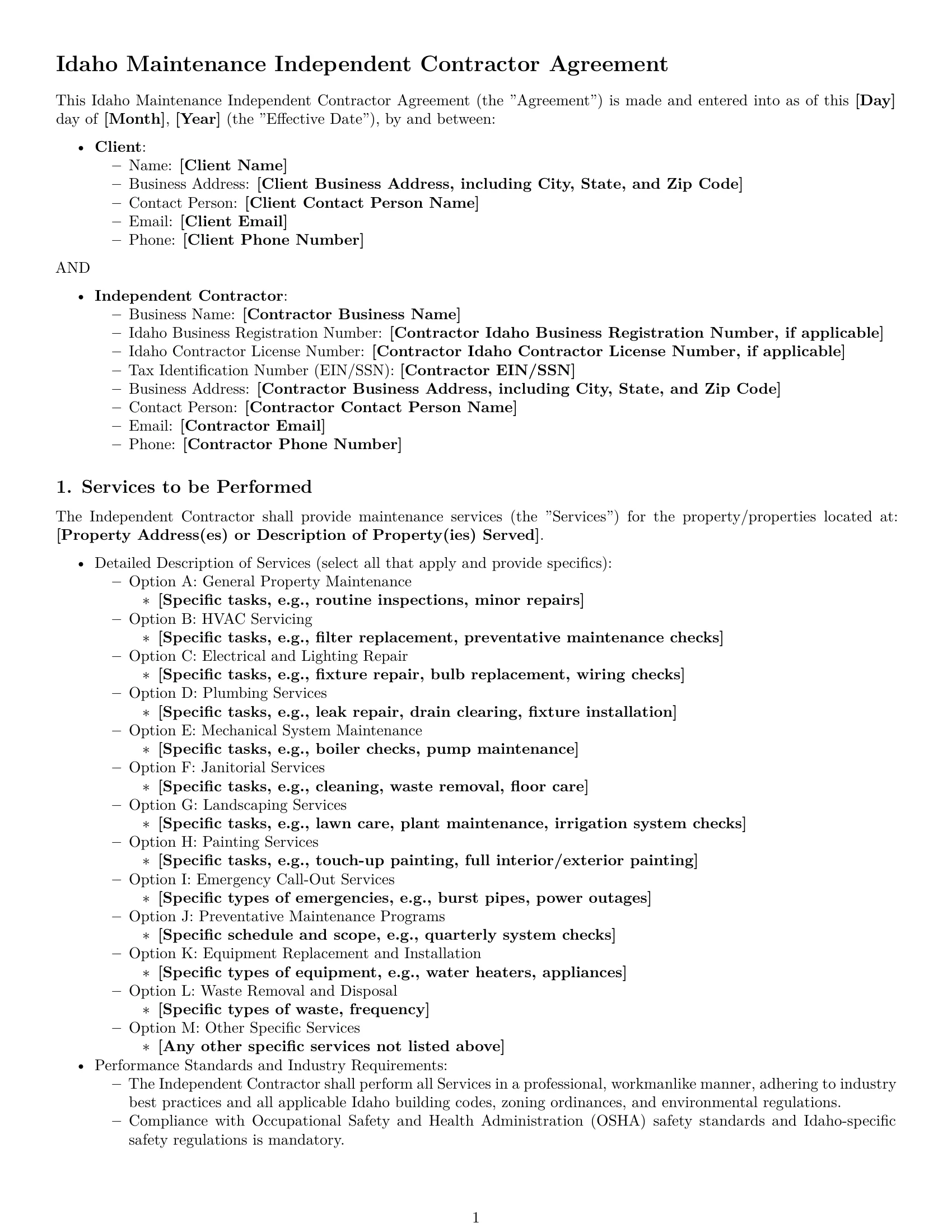 Preview page 1 of Pro Idaho maintenance independent contractor agreement template