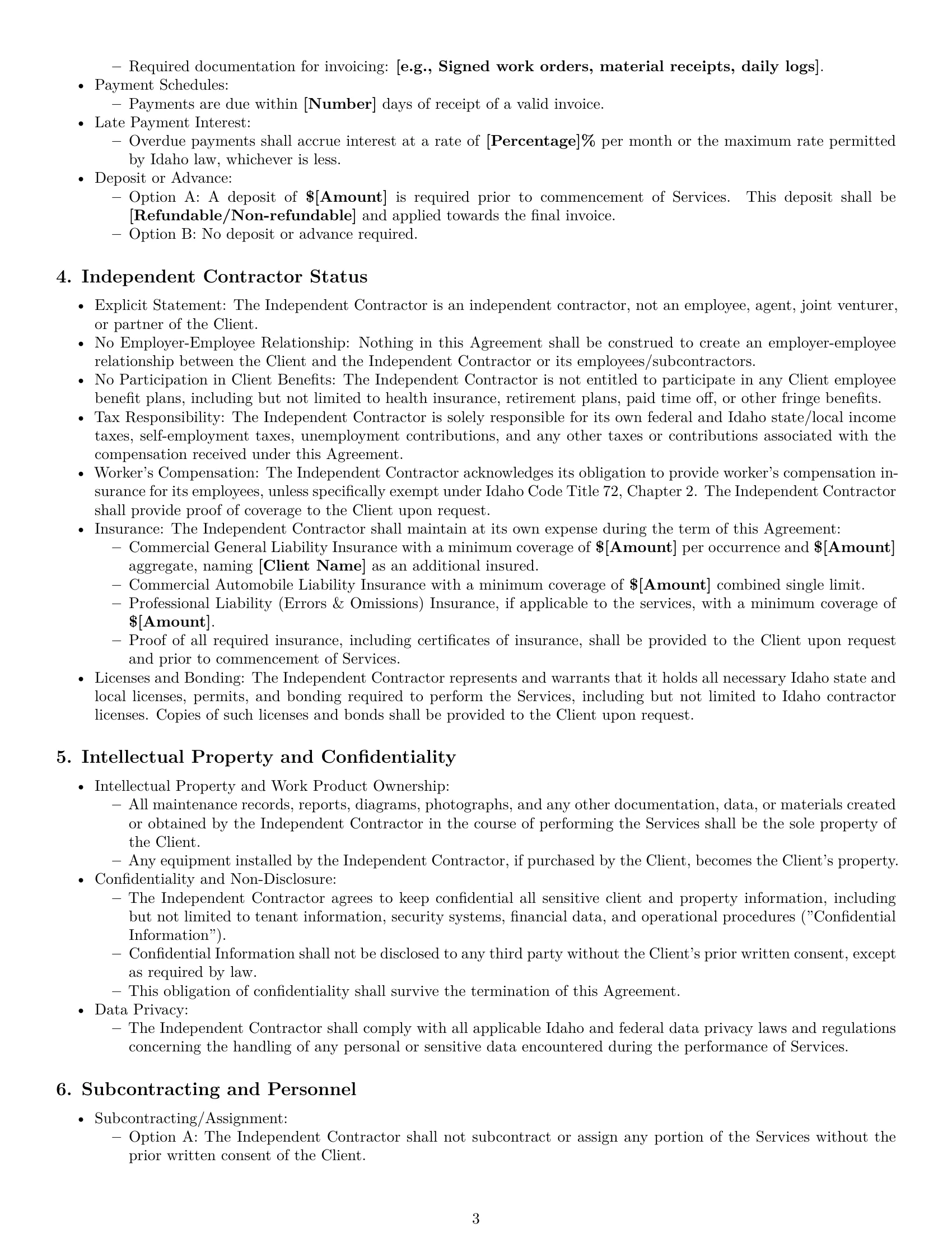 Preview page 3 of Pro Idaho maintenance independent contractor agreement template