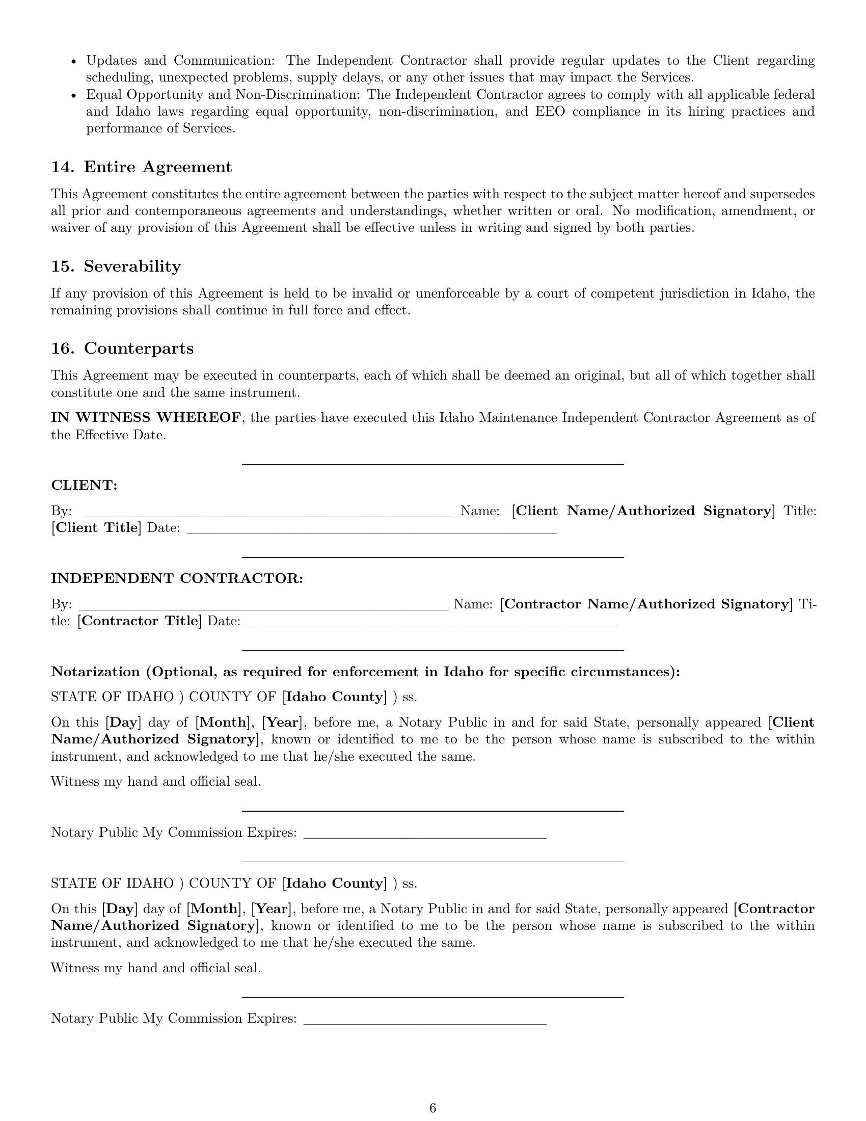 Preview page 6 of Pro Idaho maintenance independent contractor agreement template