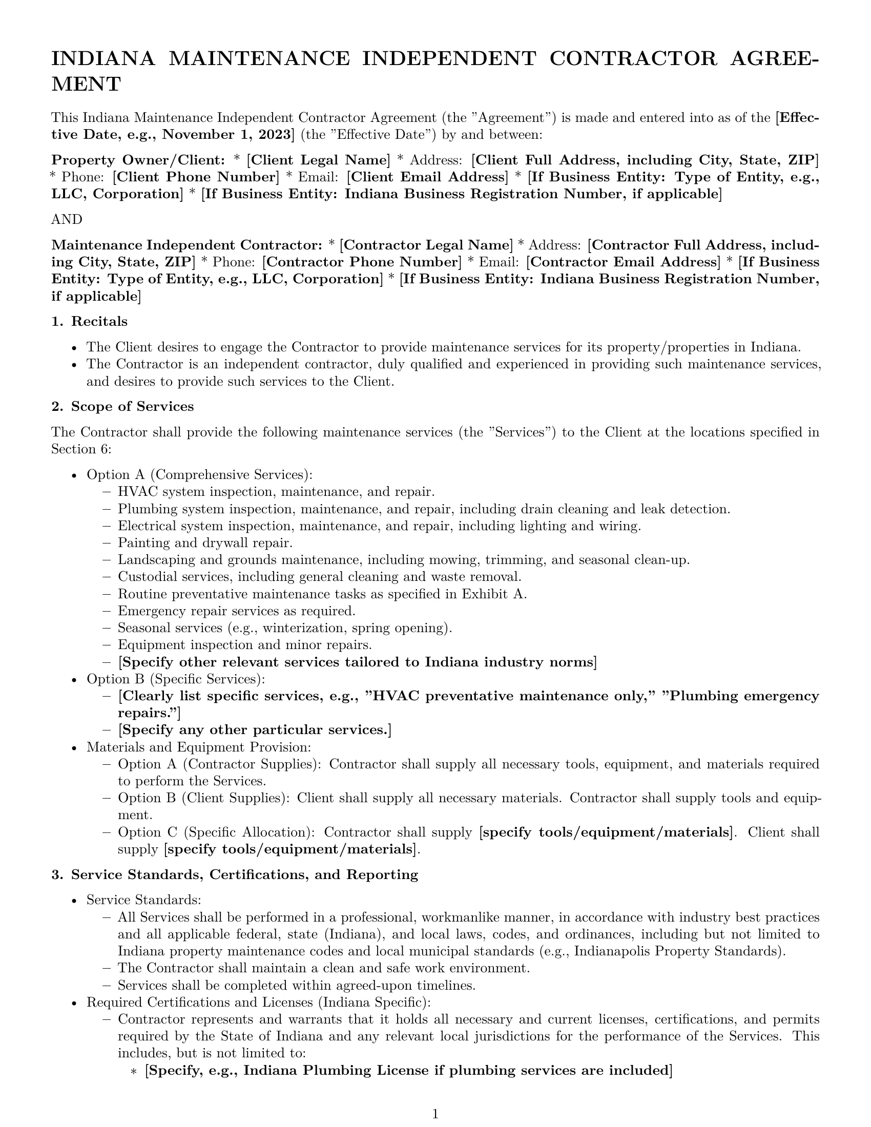 Preview page 1 of Pro Indiana maintenance independent contractor agreement template
