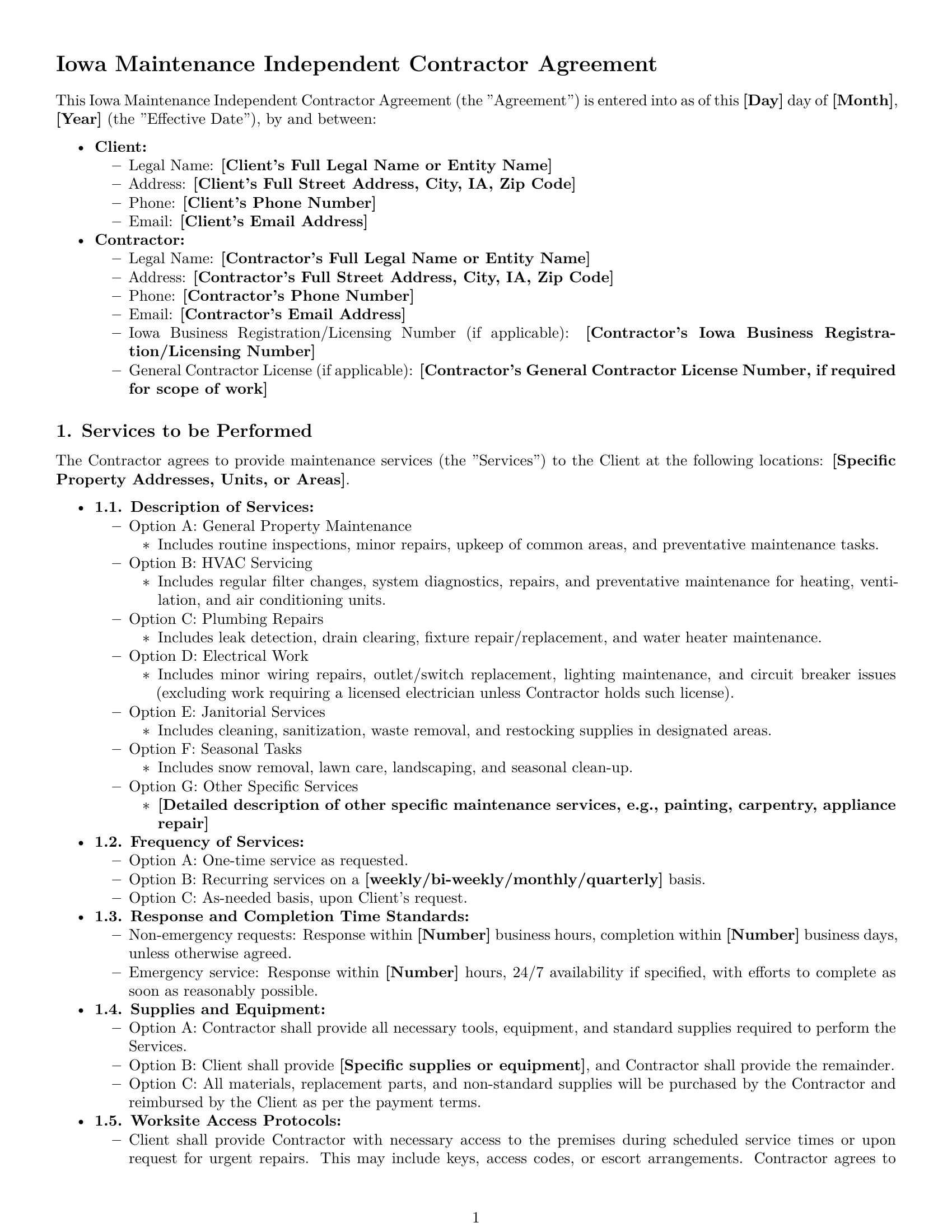 Preview page 1 of Pro Iowa maintenance independent contractor agreement template