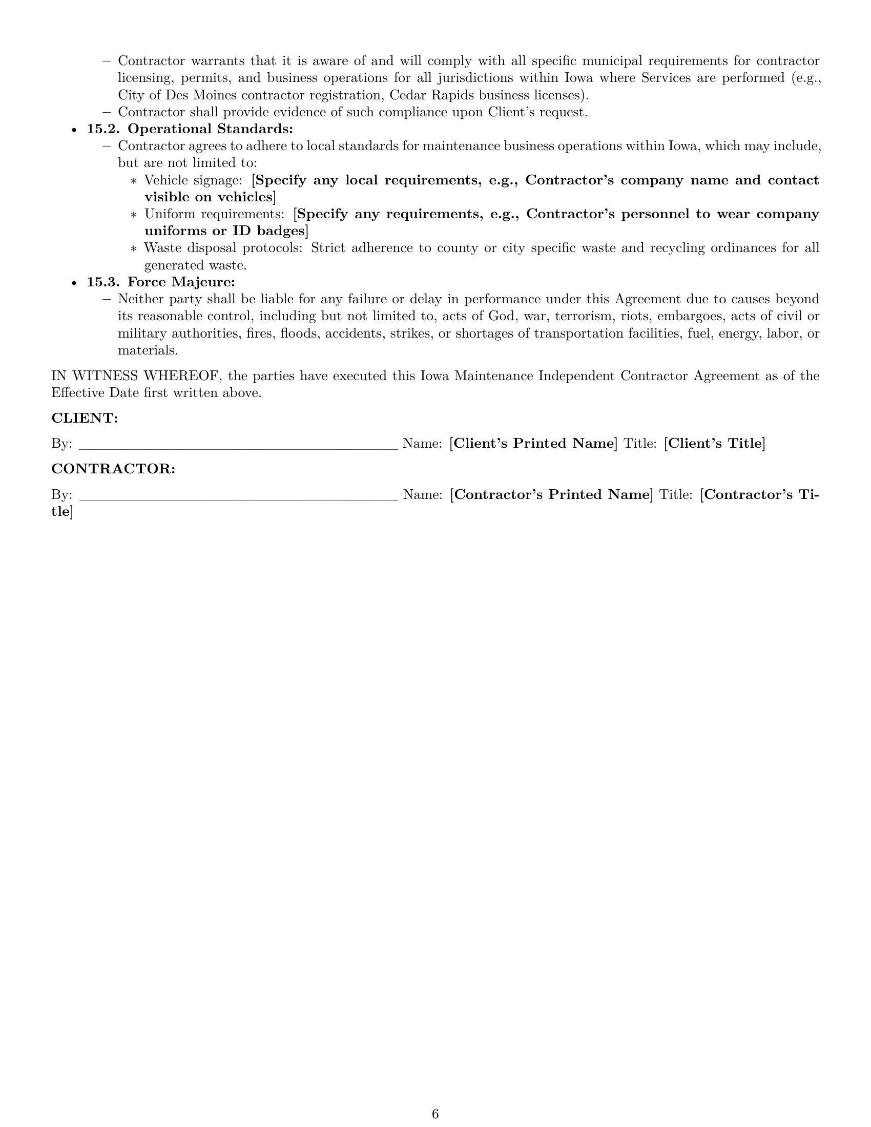 Preview page 6 of Pro Iowa maintenance independent contractor agreement template