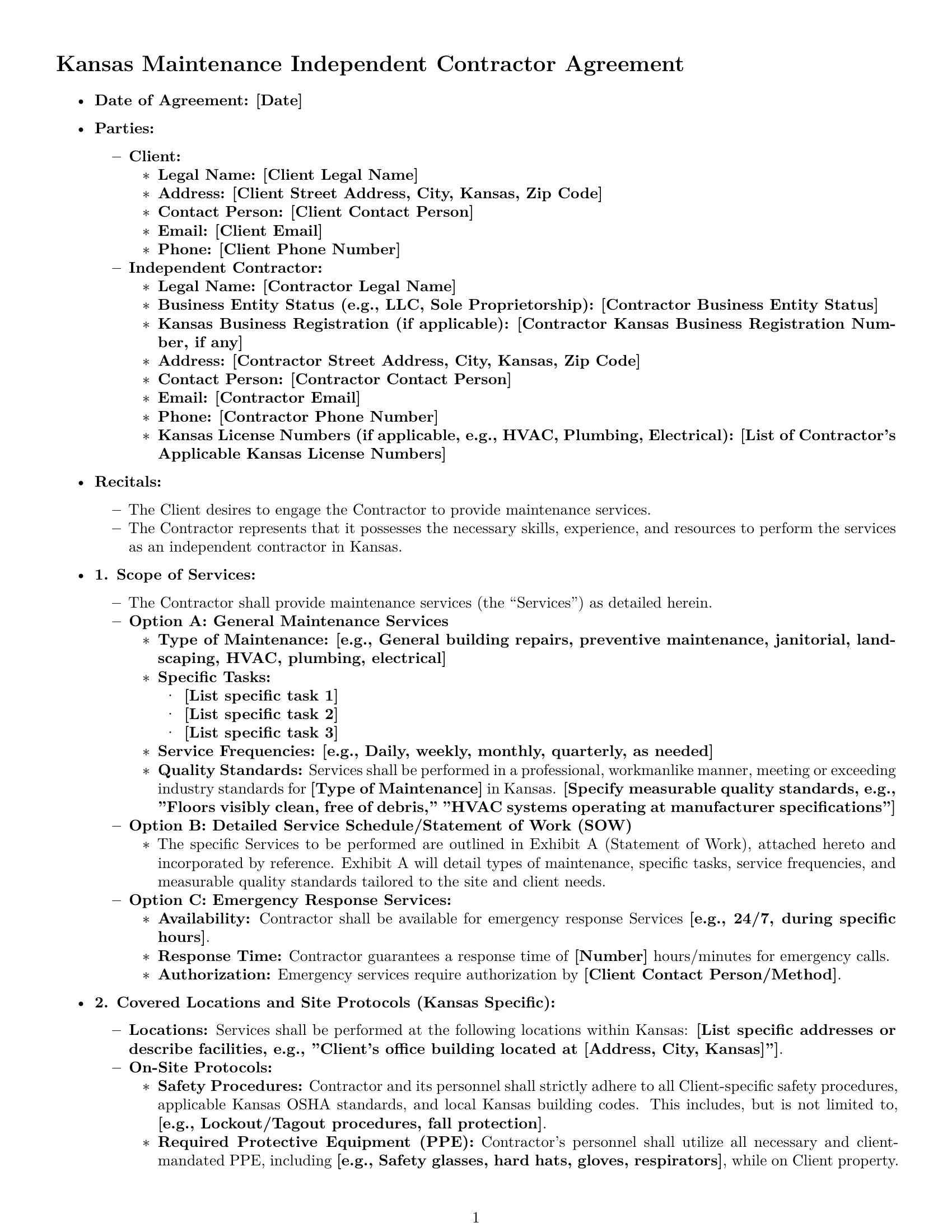 Preview page 1 of Pro Kansas maintenance independent contractor agreement template