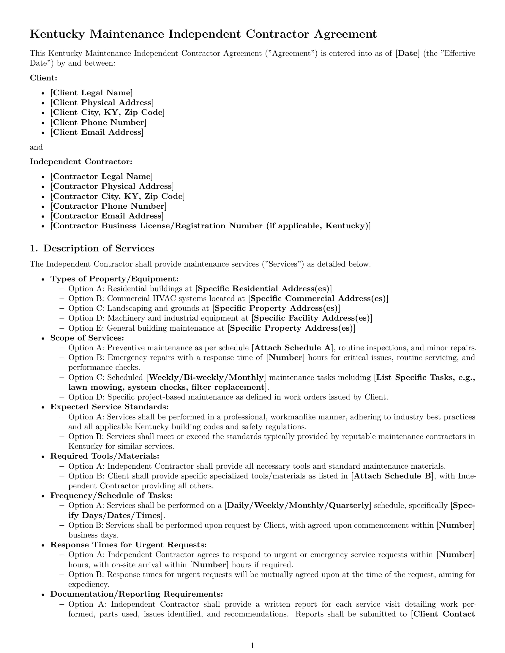 Preview page 1 of Pro Kentucky maintenance independent contractor agreement template