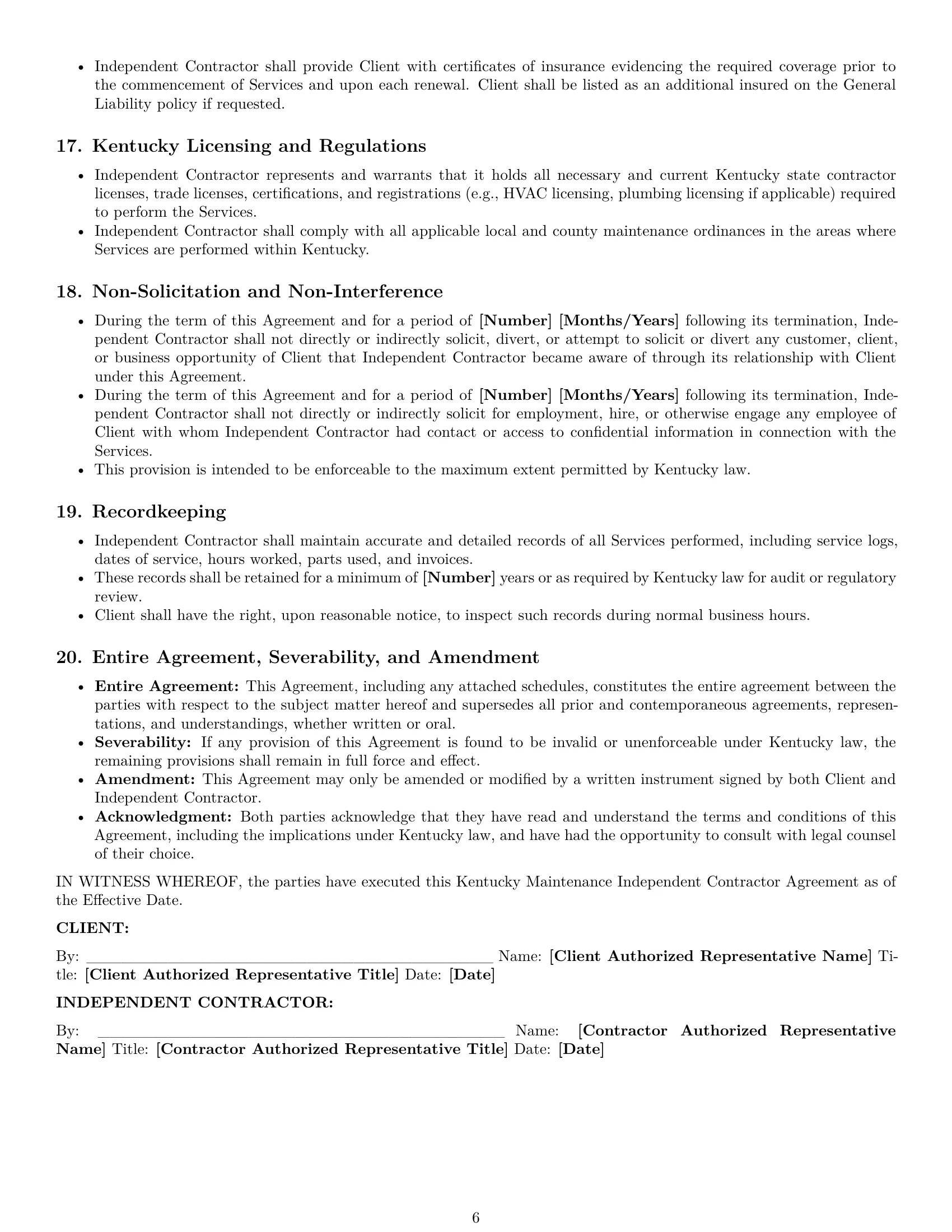 Preview page 6 of Pro Kentucky maintenance independent contractor agreement template
