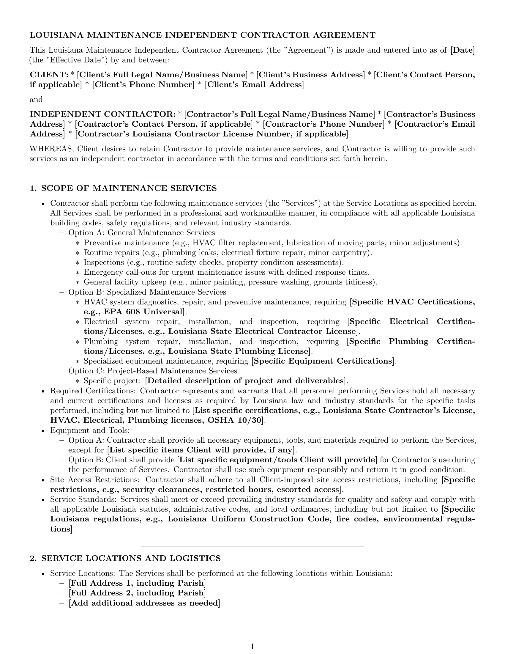 Preview page 1 of Pro Louisiana maintenance independent contractor agreement template