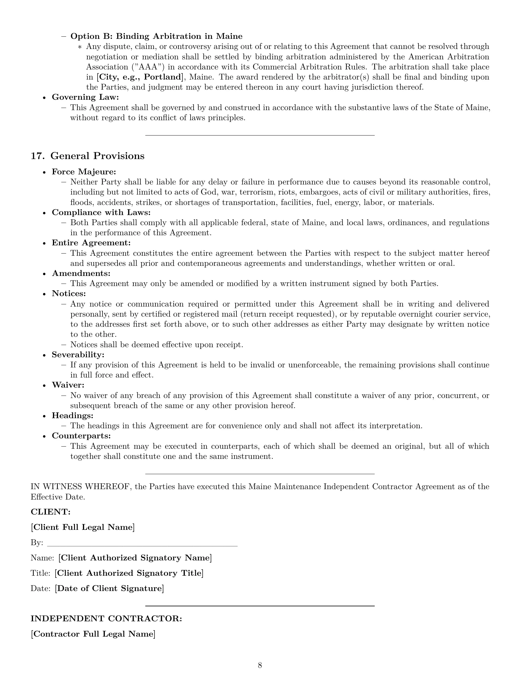 Preview page 8 of Pro Maine maintenance independent contractor agreement template