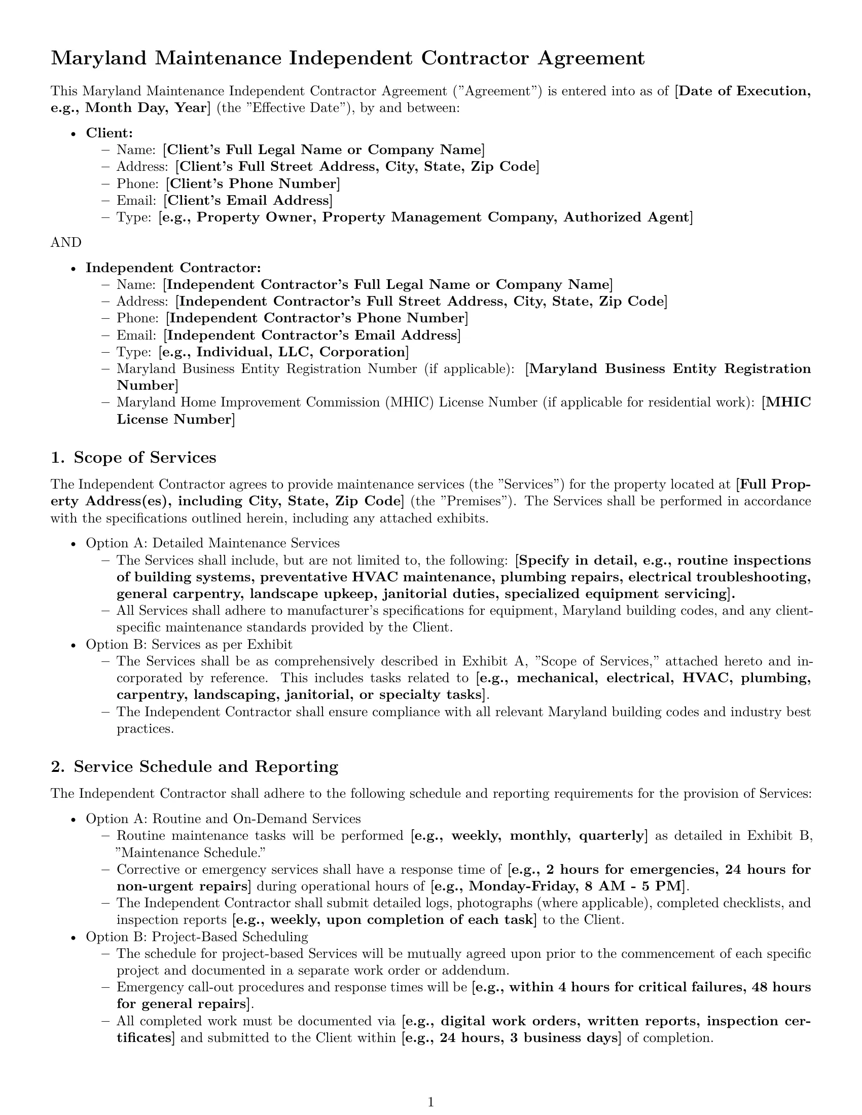 Preview page 1 of Pro Maryland maintenance independent contractor agreement template