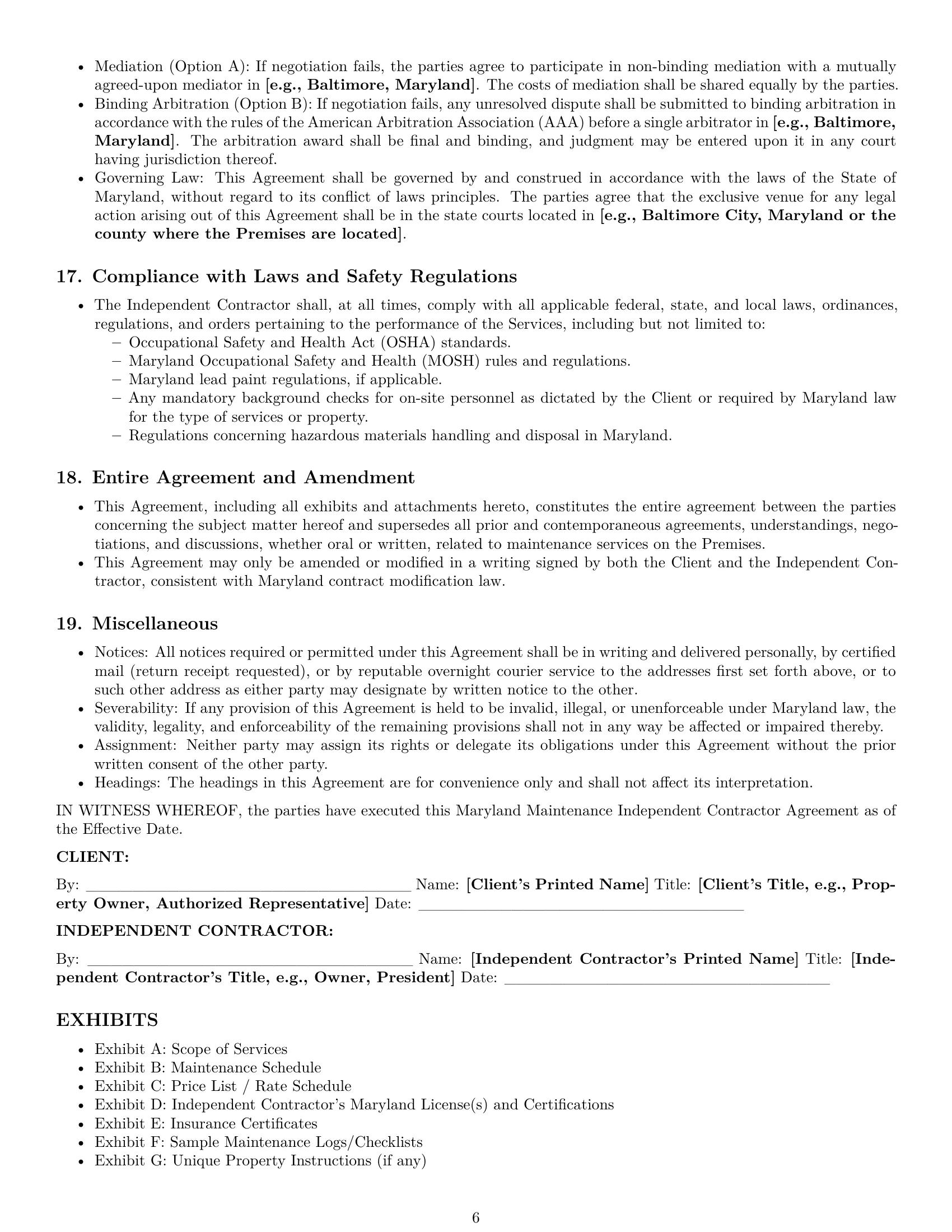Preview page 6 of Pro Maryland maintenance independent contractor agreement template
