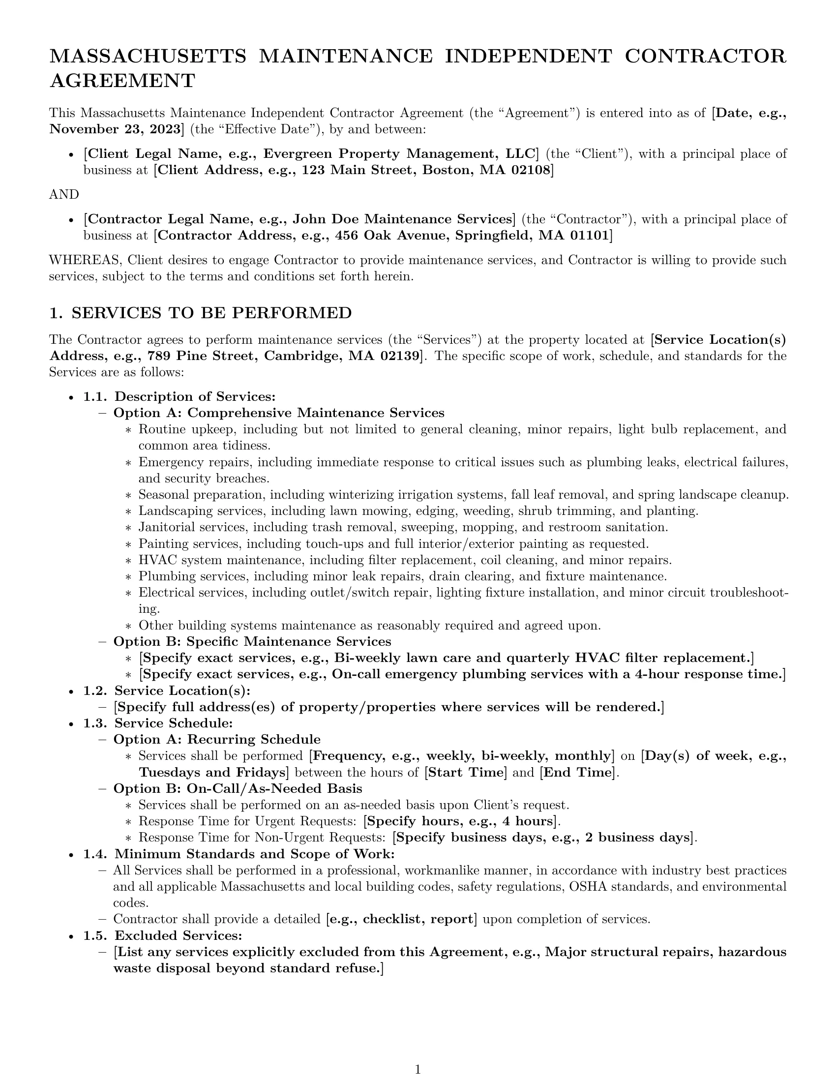 Preview page 1 of Pro Massachusetts maintenance independent contractor agreement template