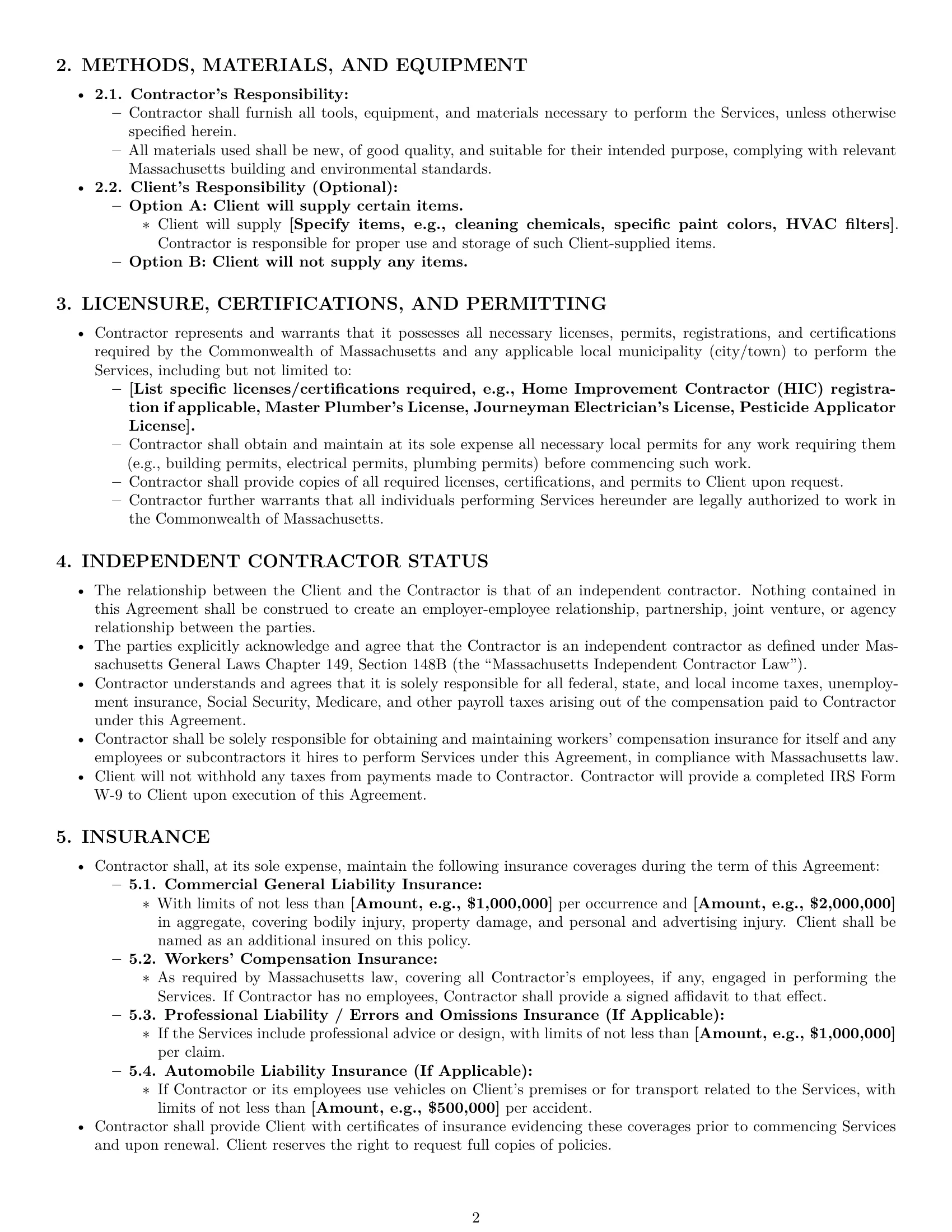 Preview page 2 of Pro Massachusetts maintenance independent contractor agreement template