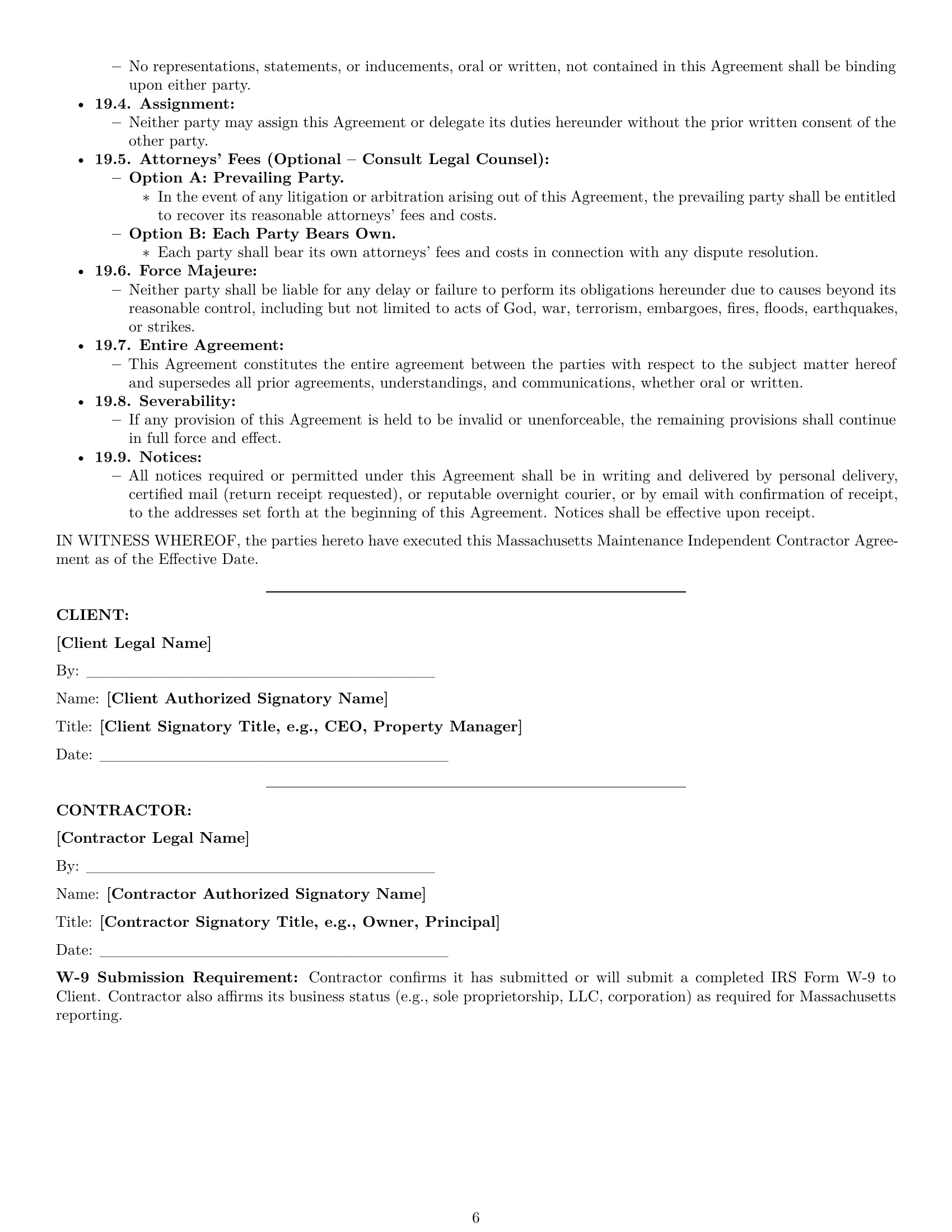 Preview page 6 of Pro Massachusetts maintenance independent contractor agreement template