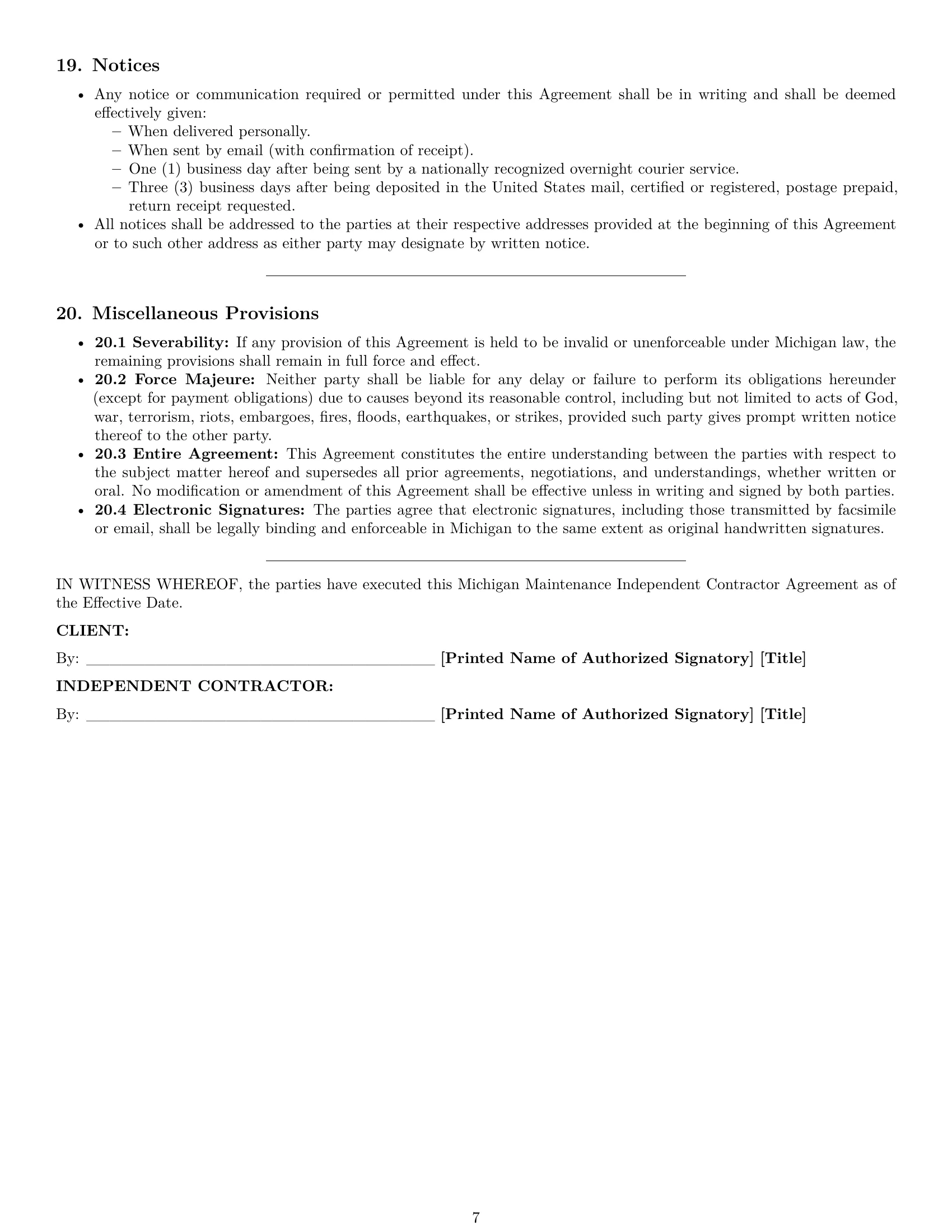 Preview page 7 of Pro Michigan maintenance independent contractor agreement template