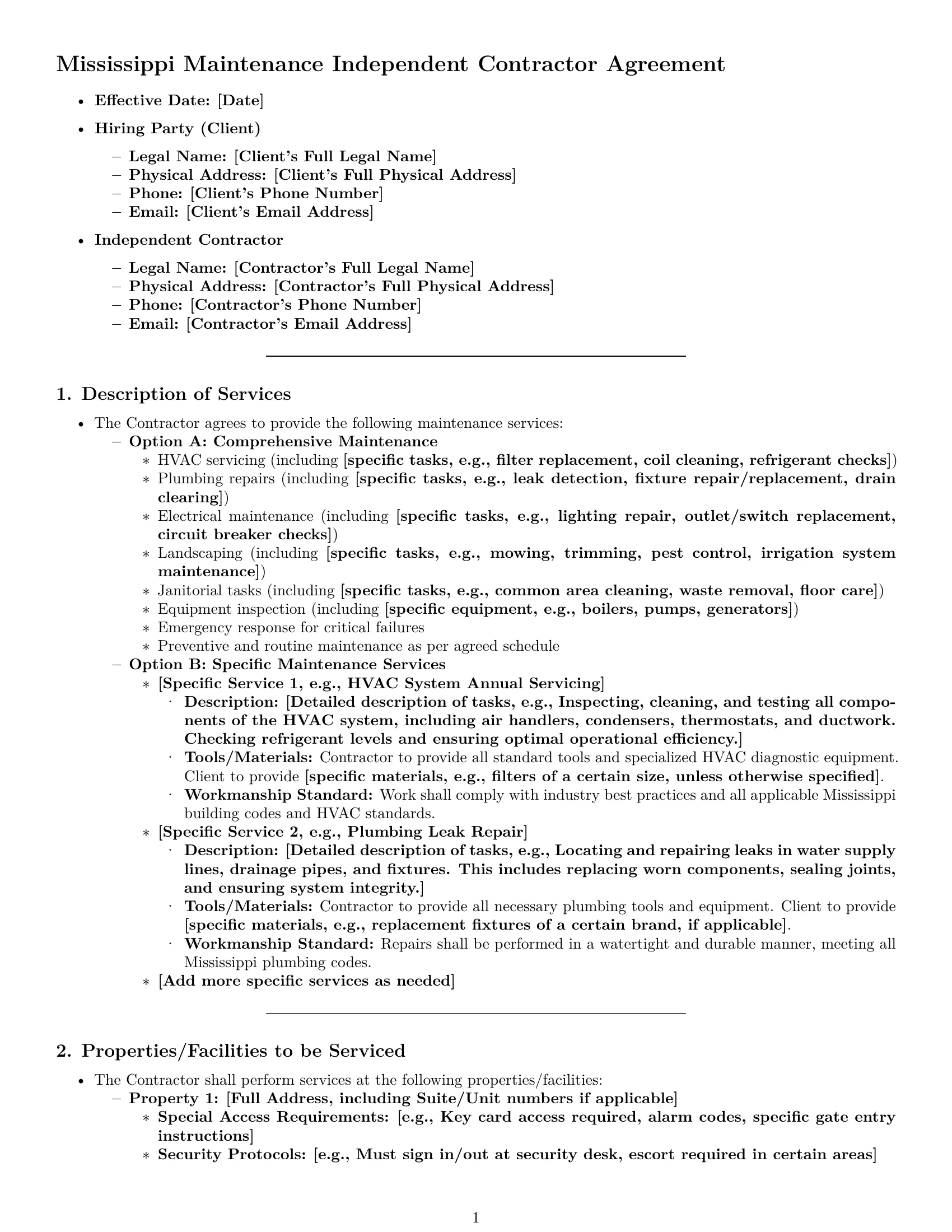 Preview page 1 of Pro Mississippi maintenance independent contractor agreement template
