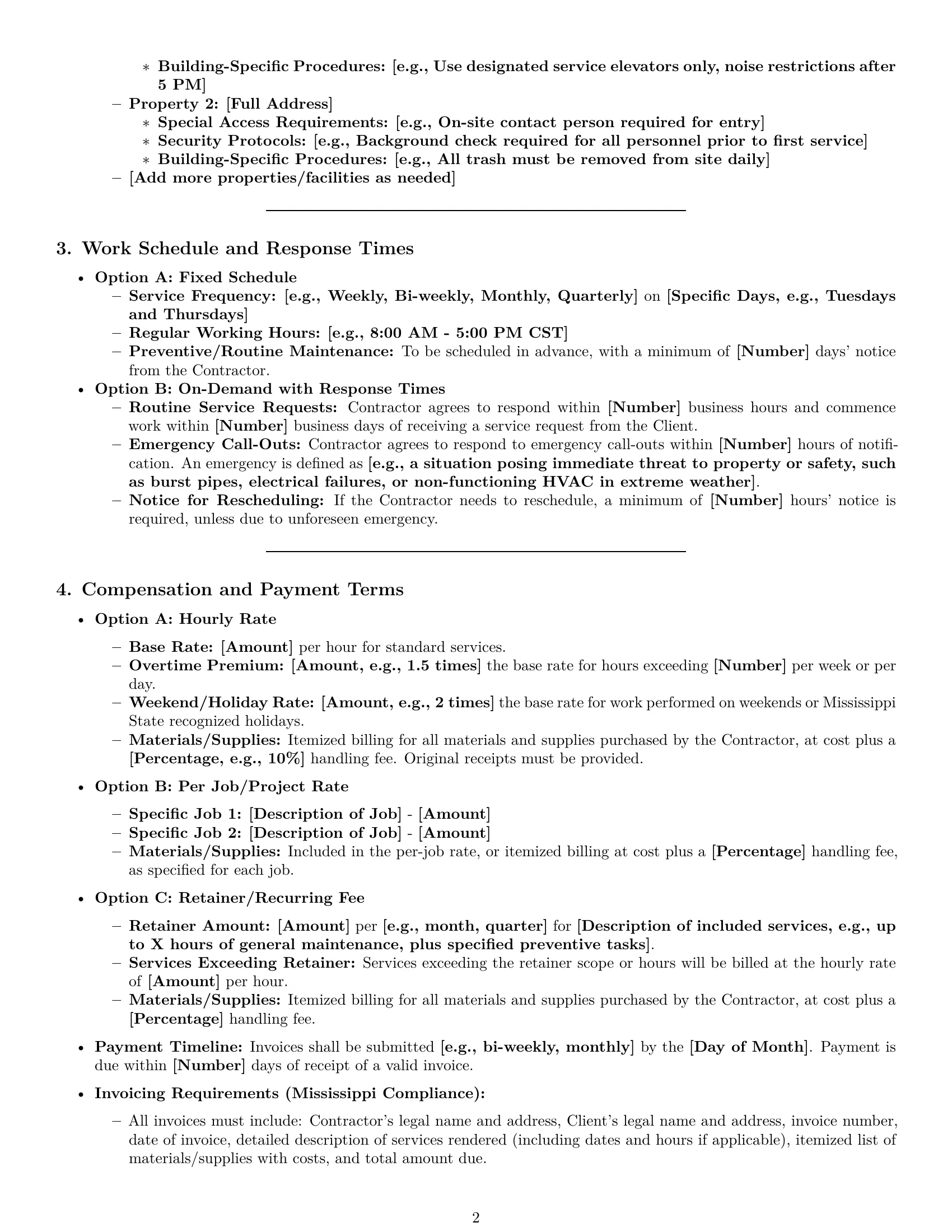 Preview page 2 of Pro Mississippi maintenance independent contractor agreement template