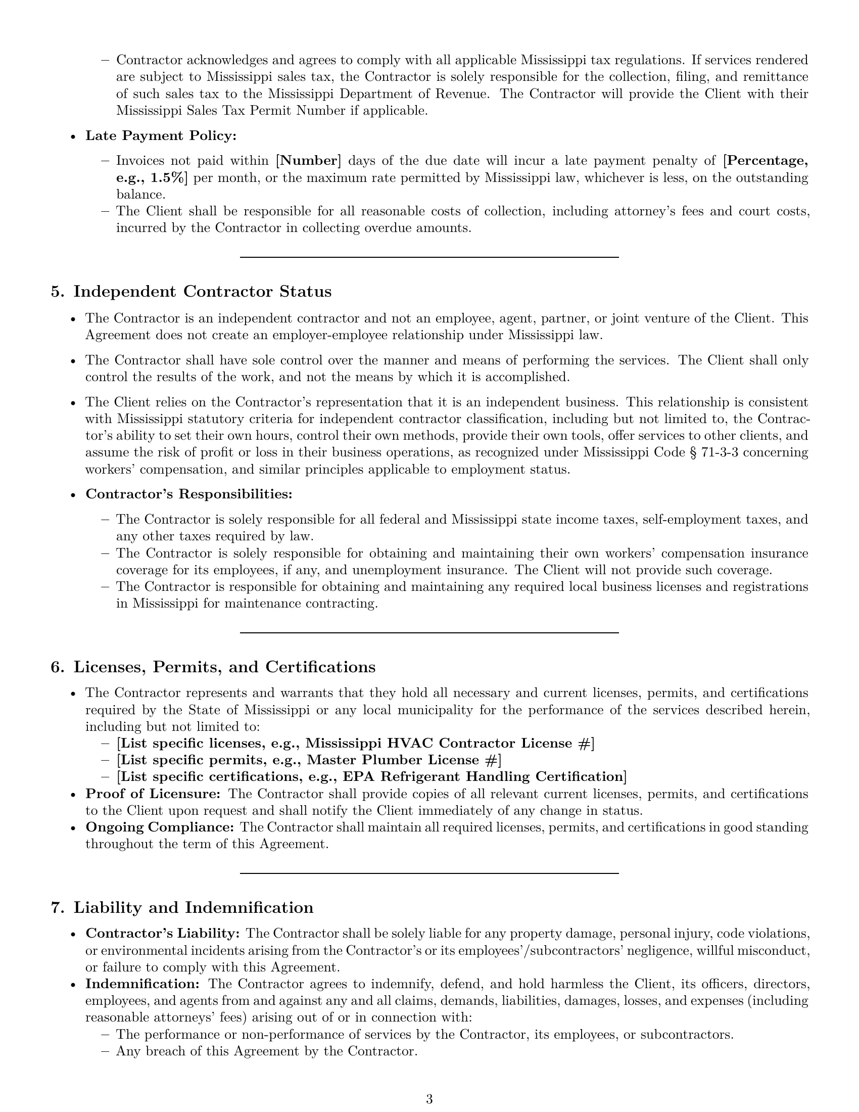 Preview page 3 of Pro Mississippi maintenance independent contractor agreement template